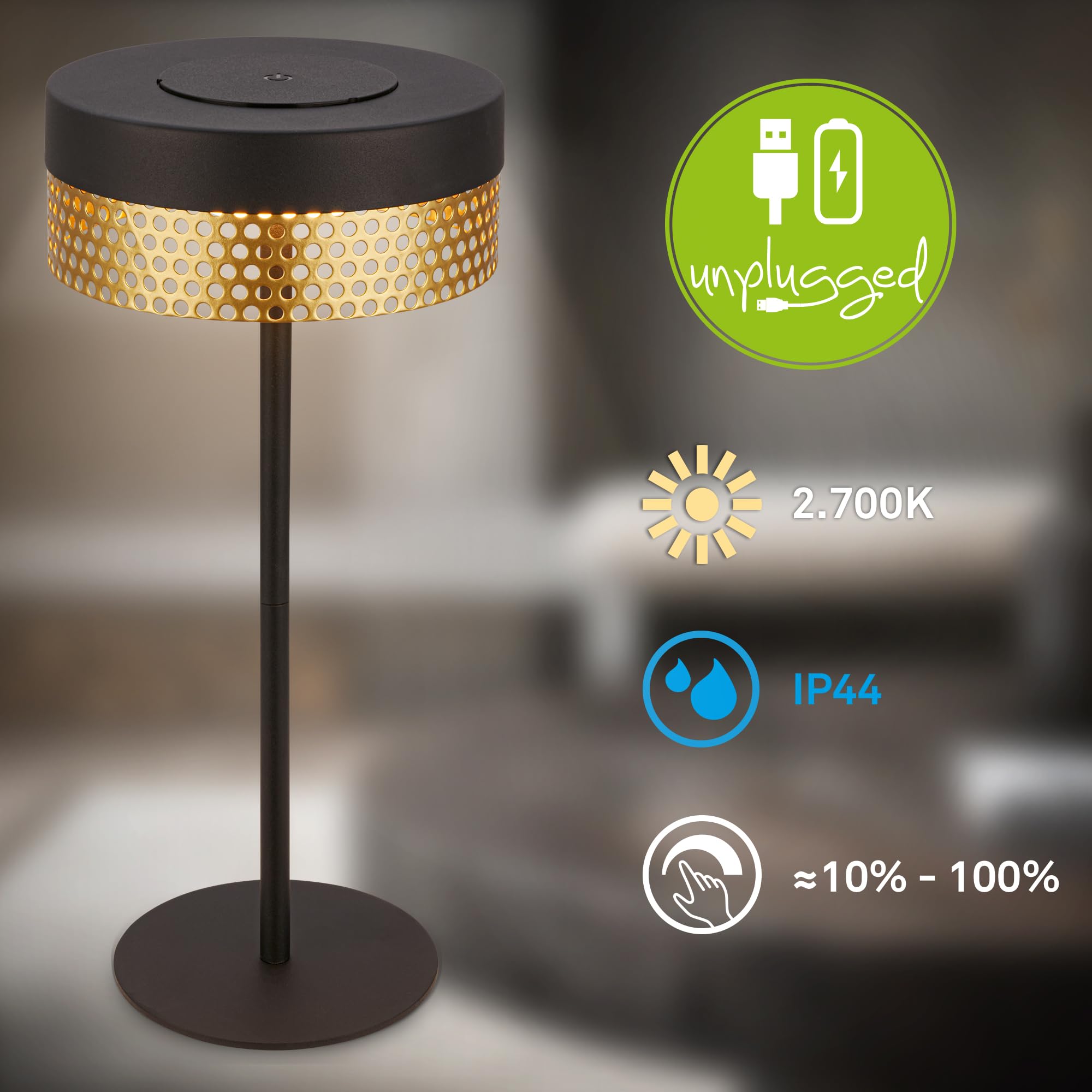 BRILONER - Akumulatorowa lampa stołowa LED IP44 z dotykiem, ściemniana, wymienna bateria, światło LED, lampa stołowa na baterie, lampka nocna, bezprzewodowa, zewnętrzna, 16 x 35 cm, czarno-złota