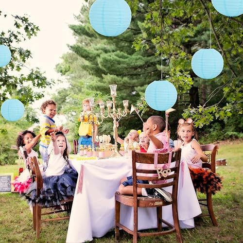 Miniatura 6 de BEISHIDA Faroles redondos de papel de 8 pulgadas de color azul claro decorativos colgantes asiáticos chinos japoneses para cumpleaños, boda, baby