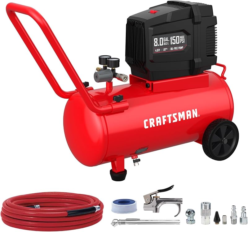 CRAFTSMAN Compresor de aire 8 galones sin aceite 1.8 HP Max 150 PSI tanque horizontal con 10 accesorios PCS