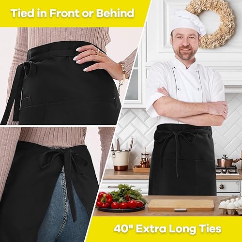 Miniatura 5 de ROTANET Delantal largo negro con 3 bolsillos, delantales de medio delantal para hombres y mujeres, camarera chef, 28 pulgadas, impermeable