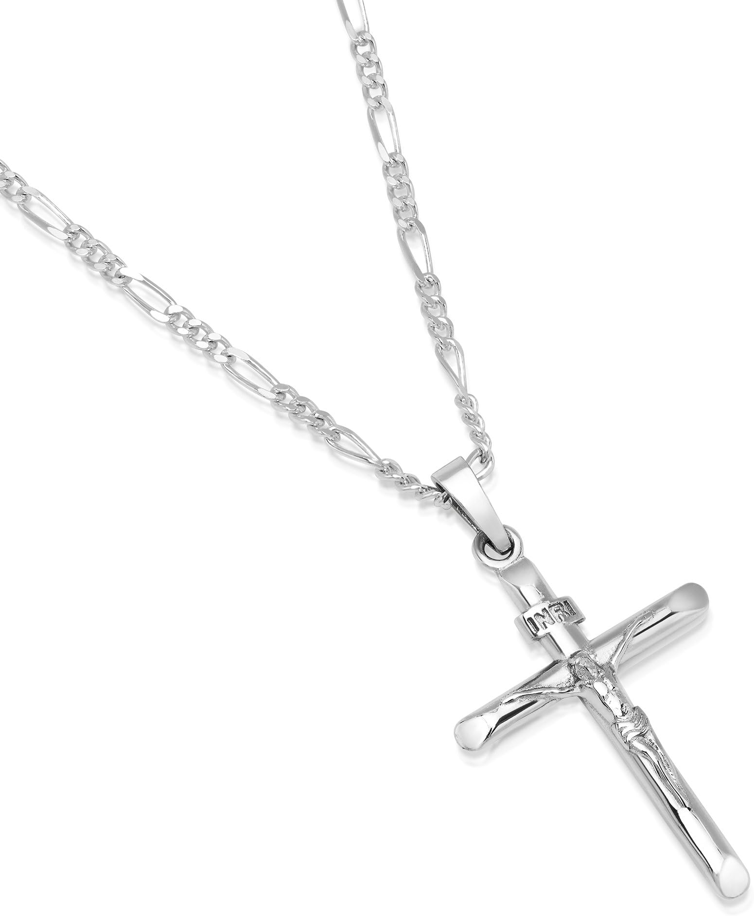 Men's Sterling Silver Crucifix Pendant Figaro Chain Necklace Italian Made - Choose Width and Length