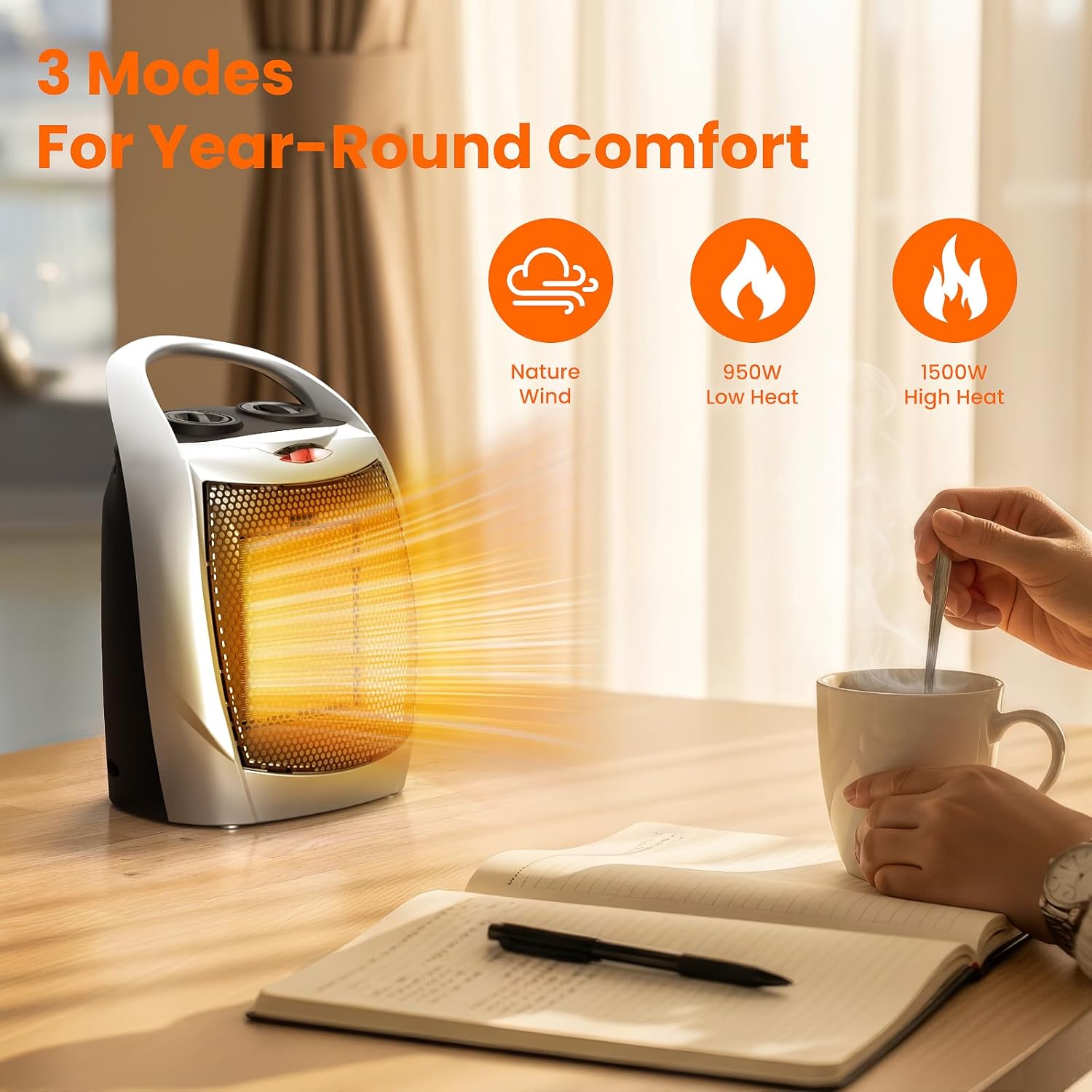 ZAFRO 1500W Portable Ceramic Space Heater for Indoor Use, 3 Modes Thermostat Adjustable, Tip-Over & Overheat Protection, Quiet Personal Heater (<45dB) for Office Desk Bedroom,(Silver)