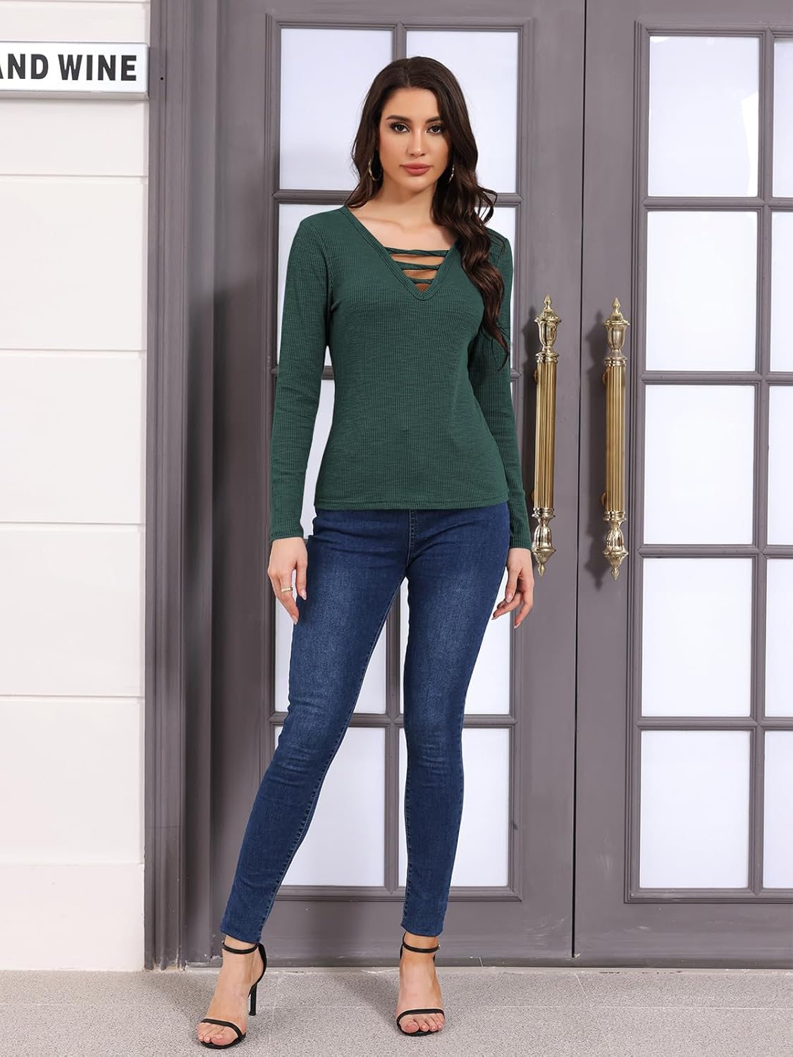 Poetsky Women's Blouse Long Sleeve V Neck Tunic Tops Ribbed Criss Cross Knit Tee Slim Fitted Shirts Dark Green M - Image 6