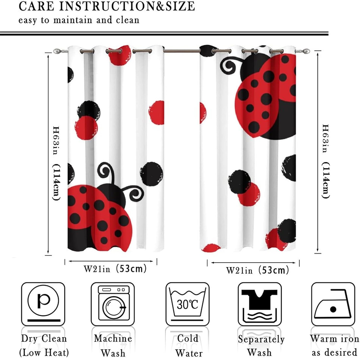 Cute Red Ladybug Blackout Curtains - Watercolor Cartoon Girl Room Decor Red&Black Dot Design Grommet Window Treatment Set Energy Saving Thermal Insulated Drapes for Living Room,2 Panels 45L x 21W