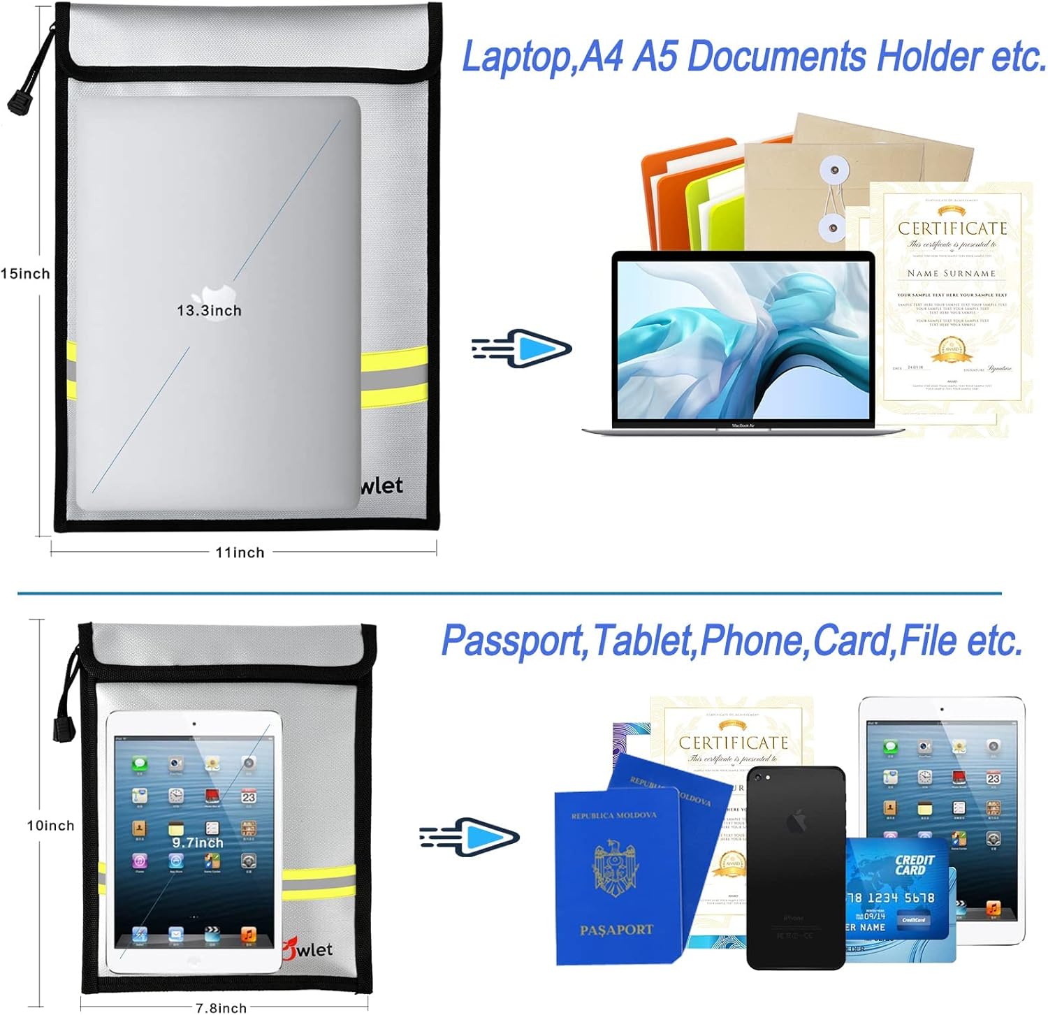 Fireproof Waterproof Money Document Bag - 3 Pack Safe Upgraded Zipper Bags, Fire & Water Resistant Storage Organizer Pouch for A4 A5 Documents Holder,File,Cash,Jewelry,Passport,Tablet,Laptop