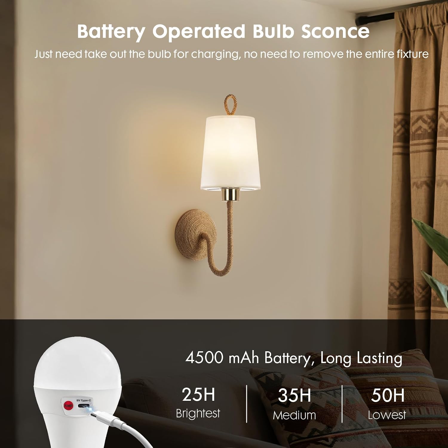 Set of 2 Boho Wall Sconce Lamps – Wireless Cordless LED Wall Lights with Remote, Rechargeable 4500mAh Battery Operated Rattan Gold Light Fixtures for Bedroom, Living Room, Bathroom, or Bedside image 5