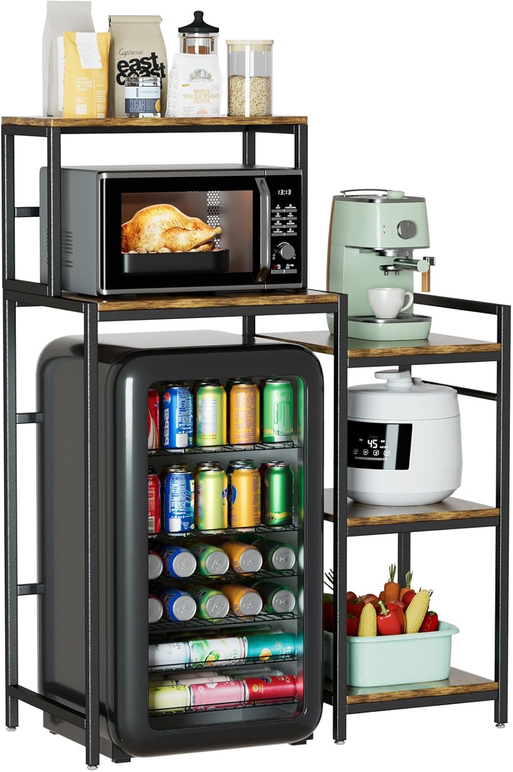 6 Tier Mini Fridge Stand & Microwave Stand, Mini Fridge Cabinet with Adjustable Shelves, Baker Rack Coffee Bar Cabinet with Mini Fridge Shelf, Utility Storage Shelf for Kitchen Dorm Office