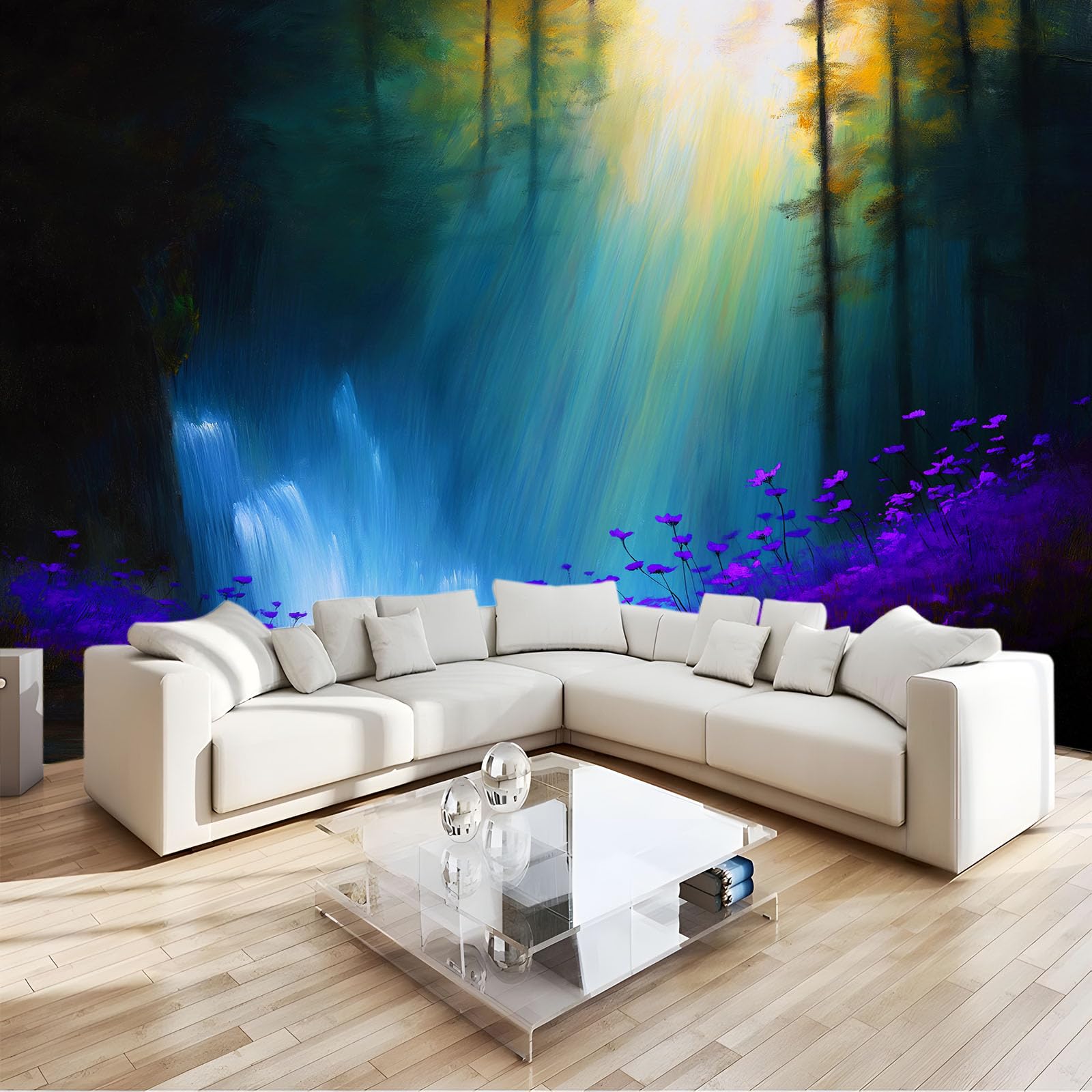 Naturalne krajobrazy, lasy, wodospady, mural tapeta dla chłopców i dziewcząt, zielony mural ścienny nietkany plakat fototapeta dziecięca moda dekoracja domu, sztuka ścienna 3D 200 x 140 cm