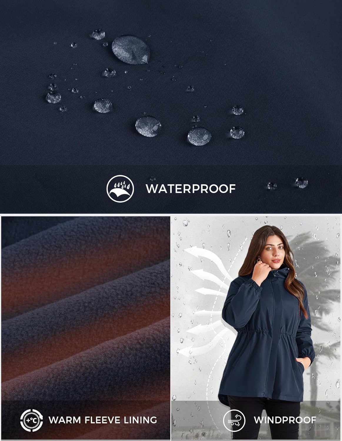 Hanna Nikole Women's Long Rain Jacket Plus Size Fleece Lined Waterproof Hooded Rain Coat Lightweight Pockets Windbreaker Trip - Image 4