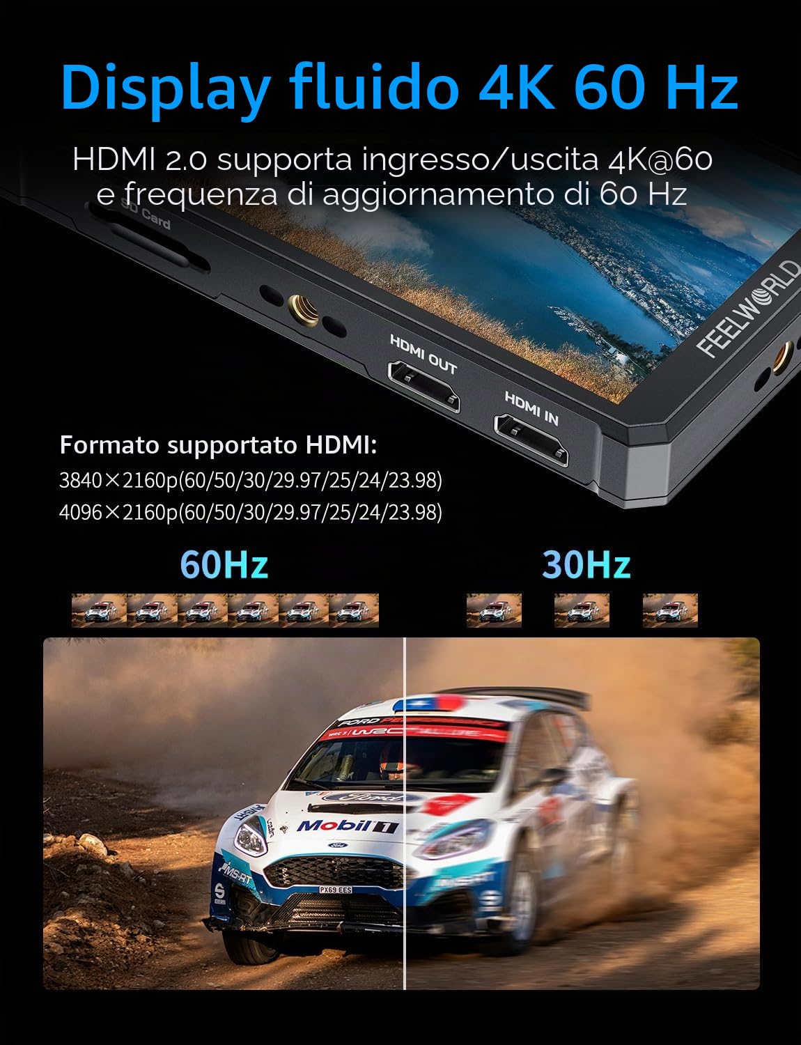 FEELWORLD PS6 Monitor da campo per videocamera da 5,5 pollici OLED verticale/orizzontale con batteria da 2200 mAh e borsa per videocamera, touchscreen, forma d'onda, 3D LUT, istogramma per cortometra