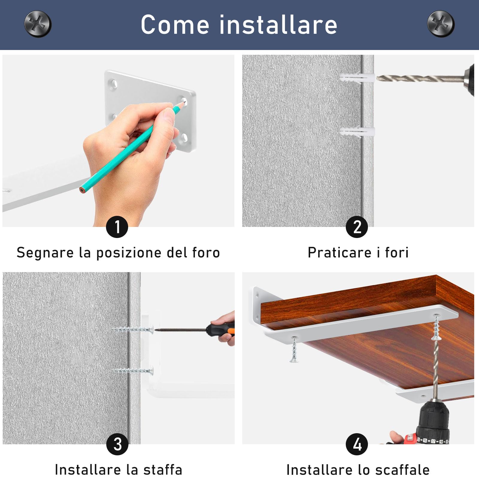 Staffe Per Mensole MLOQI - 6 Pezzi | Reggimensola A L Da Muro | Nero | Portata Fino A 50kg - Foto 9