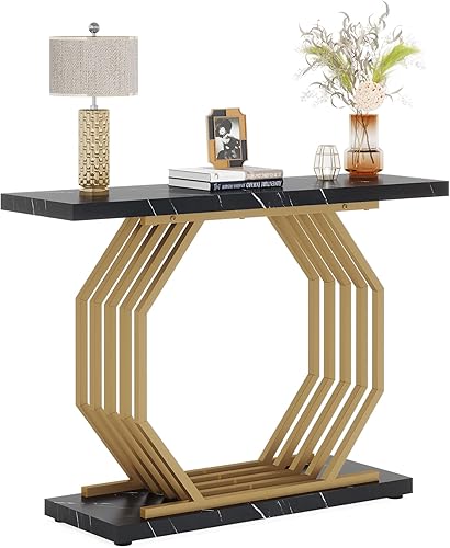 LITTLE TREE Mesa consola dorada de 40 pulgadas, mesa de entrada de mármol sintético, mesa de sofá estrecha, mesa decorativa moderna para sala de