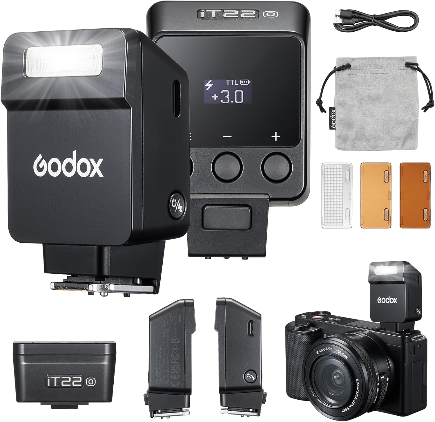 Godox iT22 O Mini Flash for Olympus Built-in 7.4V 300mAh Battery Manual/TTL Modes 700+ Flashes 1.5s Recycle Hot Shoe Flash with Diffuser/Color Filters Accessories for Olympus Cameras