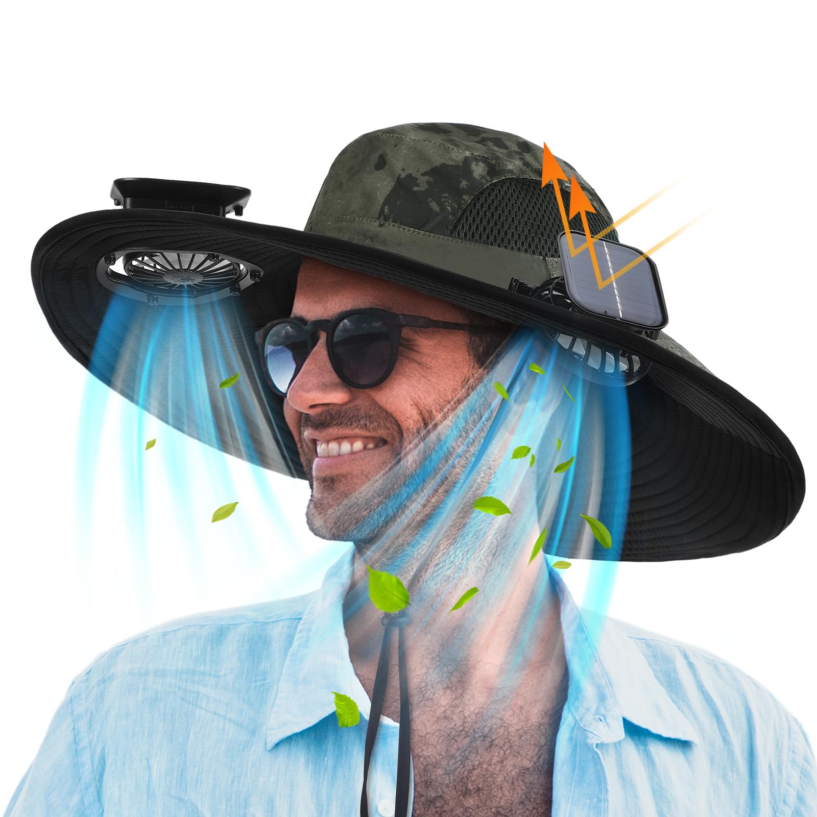 Berlune Men Sun Hat with 2 Solar Fan Fishing Wide Brim Sun Hat for Outdoor Summer Camping Beach, USB & Solar Powered