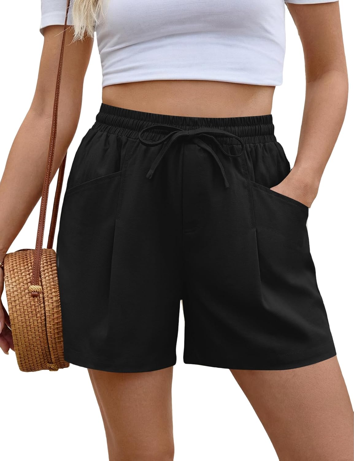 AKEWEI Linen Shorts Women Casual Wide Leg High Waisted Summer Pants Comfy Elastic Waist Drawstring Shorts with Pockets