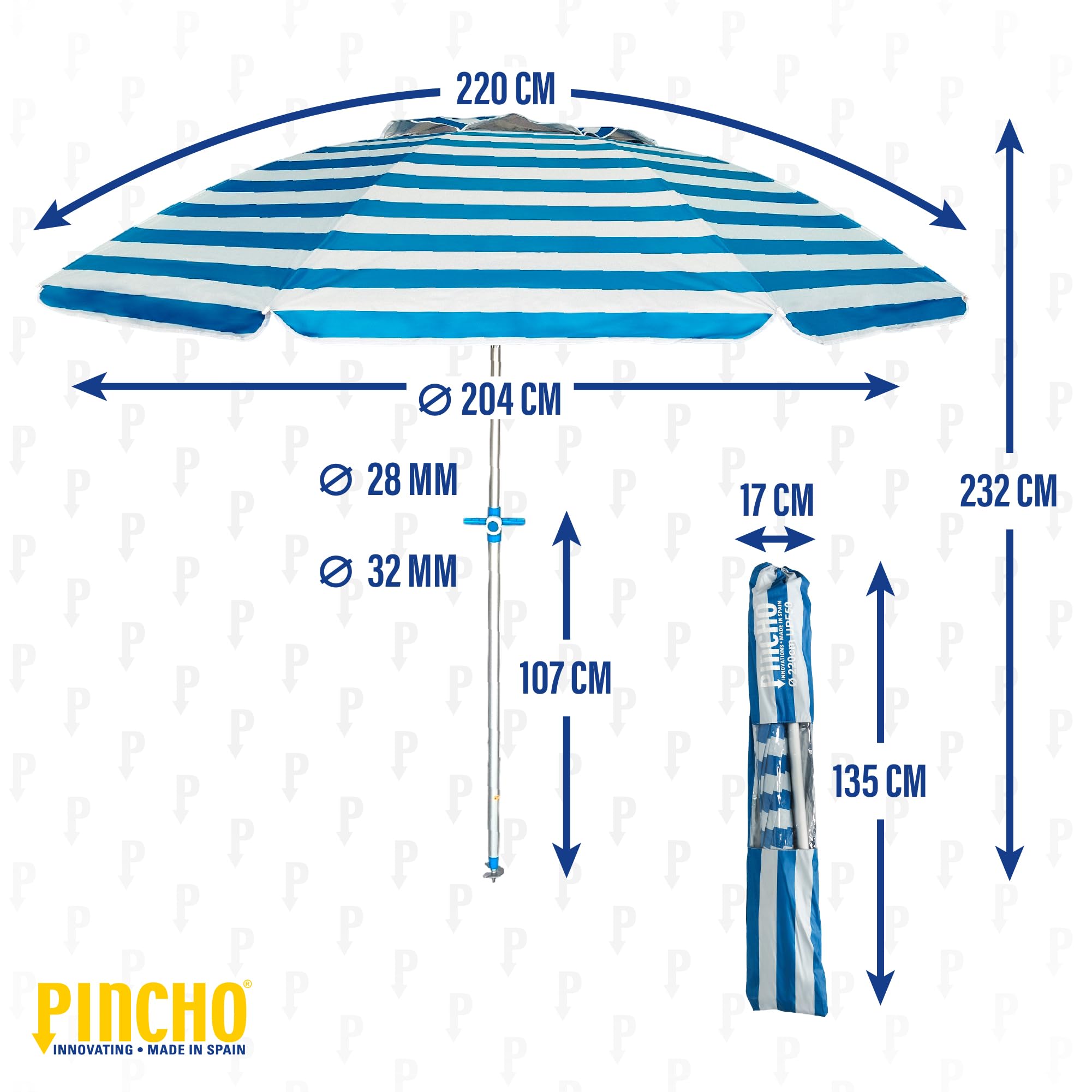 Pincho Sombrilla Playa Grande 220 cm, Antiviento hasta 35km/h, Protección UV 50, Materiales de Calidad, Tubo de Aluminio, 8 Varillas de Fibra, Palo reclinable