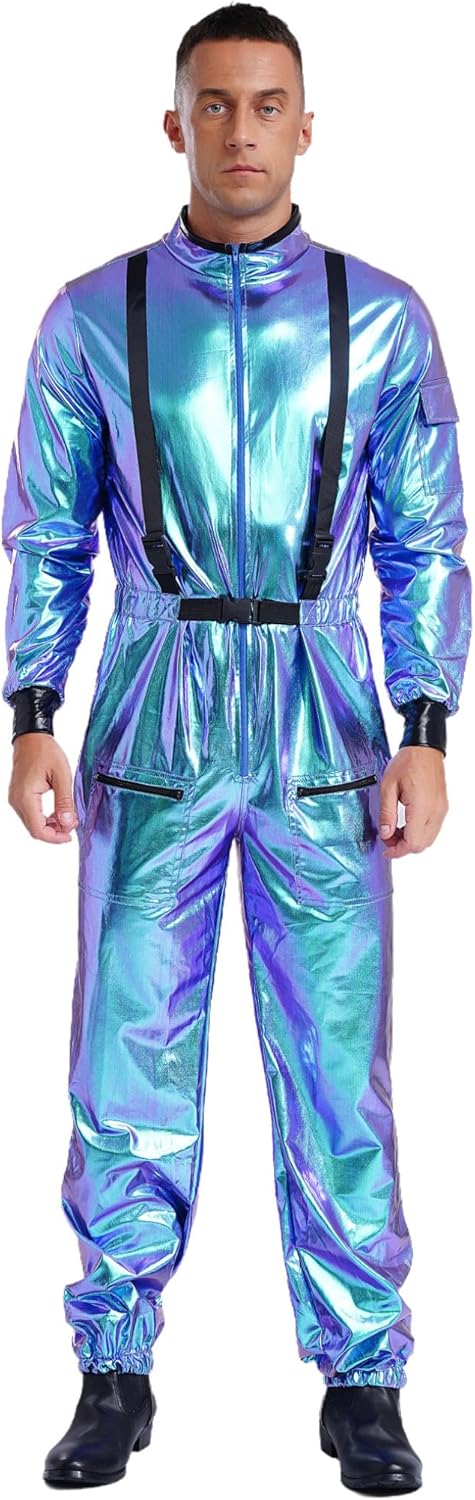 ACSUSS Men's Astronaut Cosplay Costume Adult Space Suit Costume Shiny Full Body Bodysuit Set