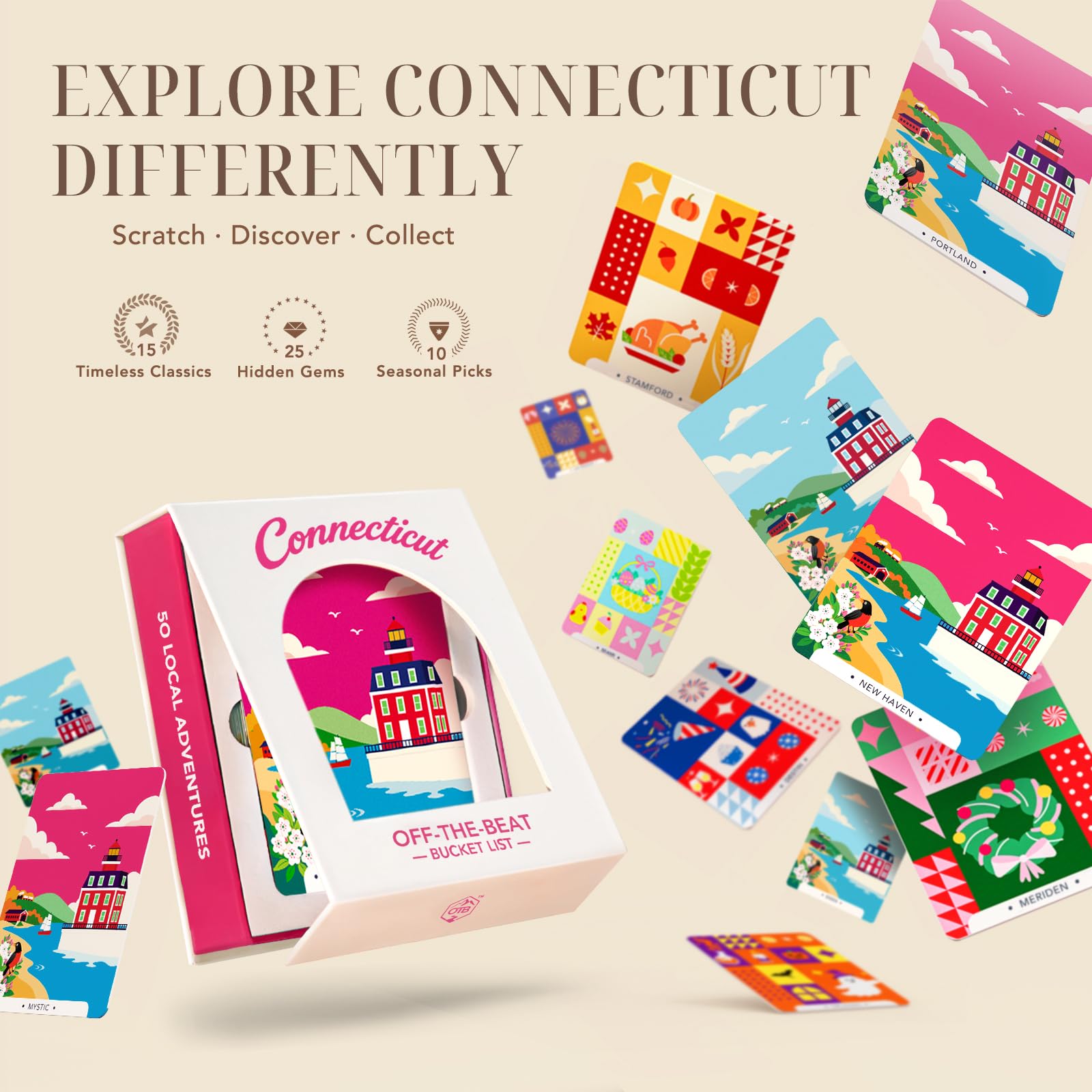 Connecticut Adventure - 50 carte da grattare | Gemme nascoste locali uniche, 2026 Carte elenco secchio CT off-the-beat, regali del Connecticut per coppie e famiglie