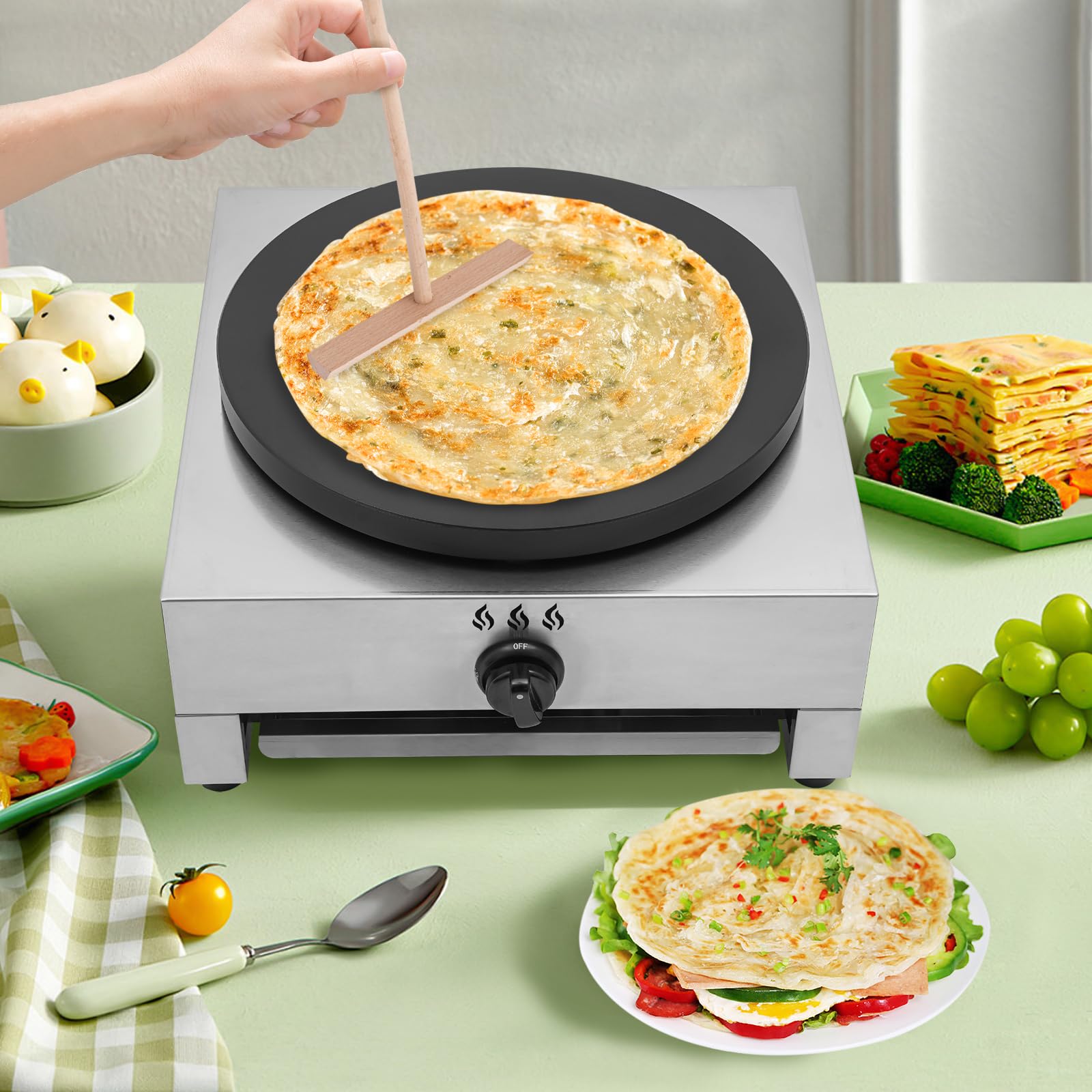 Crepe Maker Machine, Gas Powered Furnace Multigrain Pancake Oven Crepe-Making Table Stove Pancake Maker Gas Crepe Pancake Maker Machine with Low Pressure Valve and Gas Pipe