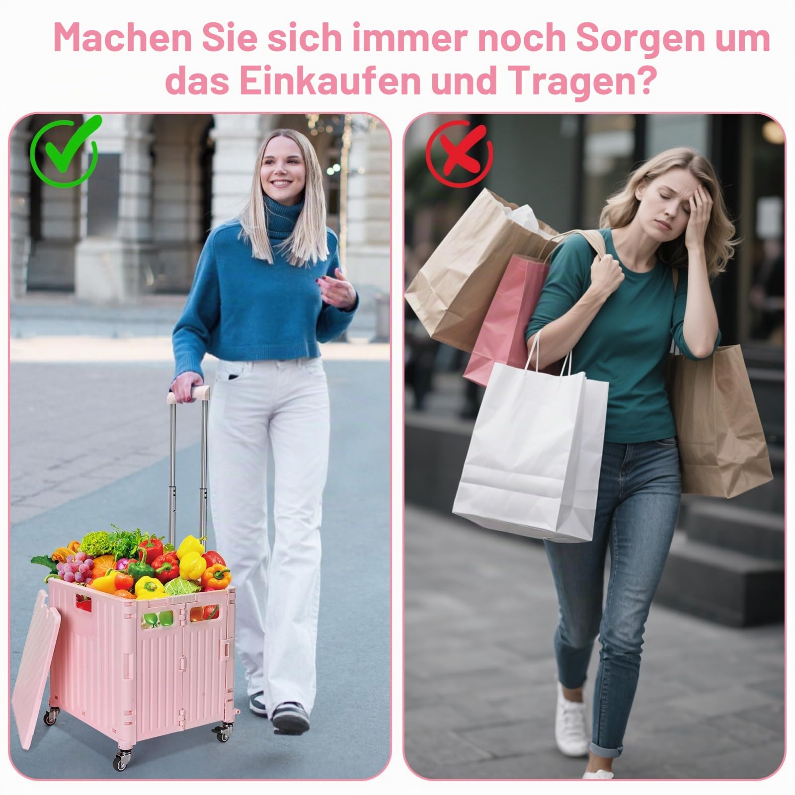 Einkaufstrolley Klappbar mit Deckel, 65L, bis 40KG, Teleskopgriff, Rosa