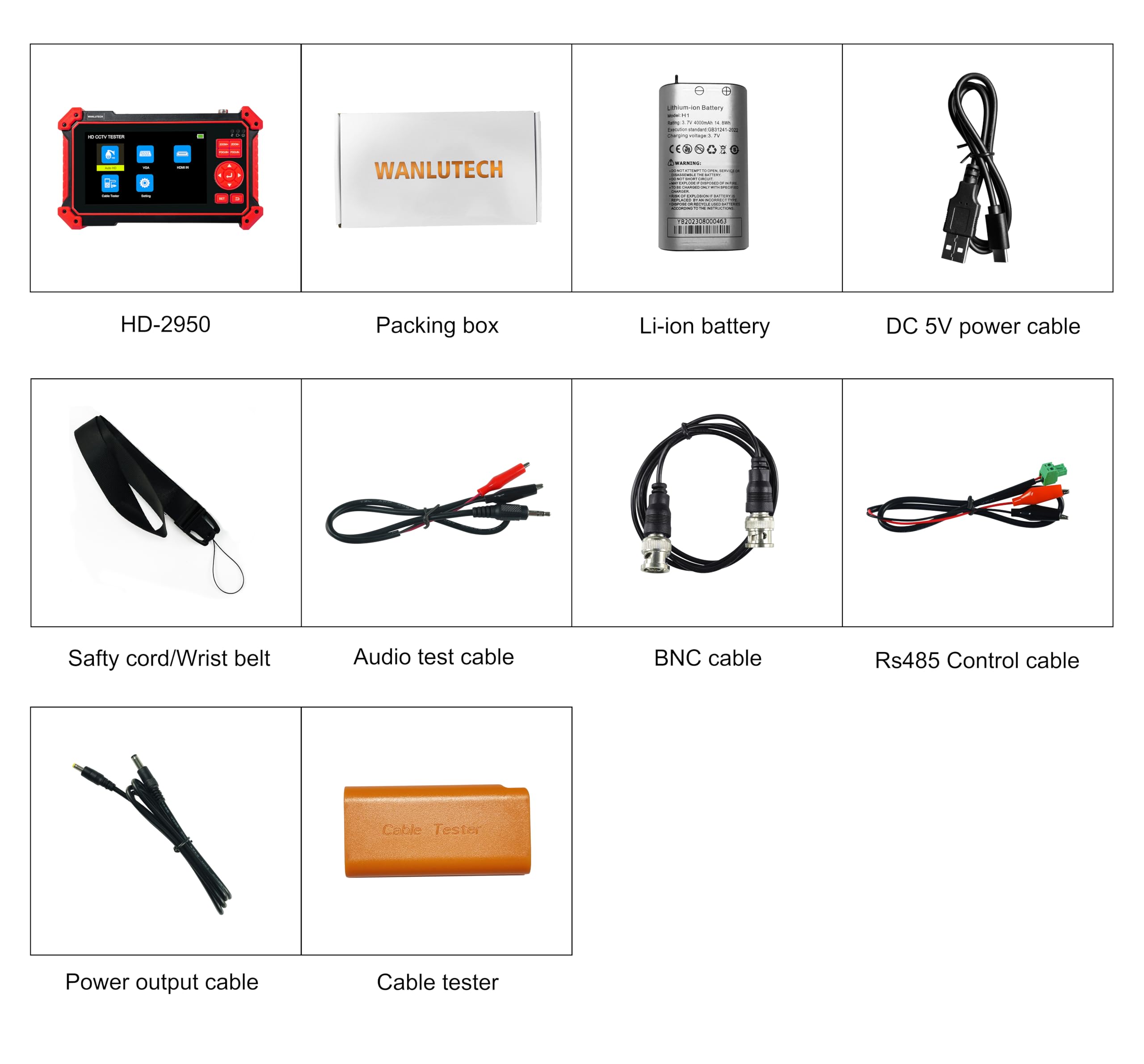 Tester per telecamera CCTV, 8 MP, TVI, CVI, AHD, CVBS, schermo da 5 pollici, cavo UTP, HDMI, VGA, RS485, controllo PTZ, test audio, 12 V