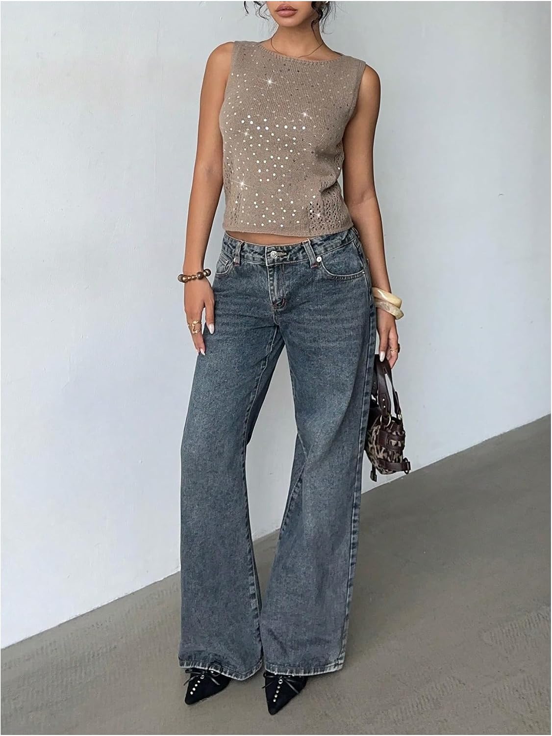 SHENHE Women's Sequin Sweater Vest Y2K Crewneck Sleeveless Knit Sweater Going Out Festival Top