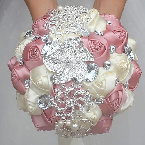 Miniatura 2 de Ramo de boda para novia y dama de honor, ramo de rosas de seda artificial para ocasiones de boda, 7 pulgadas de diámetro, 9.8 pulgadas de largo, 1