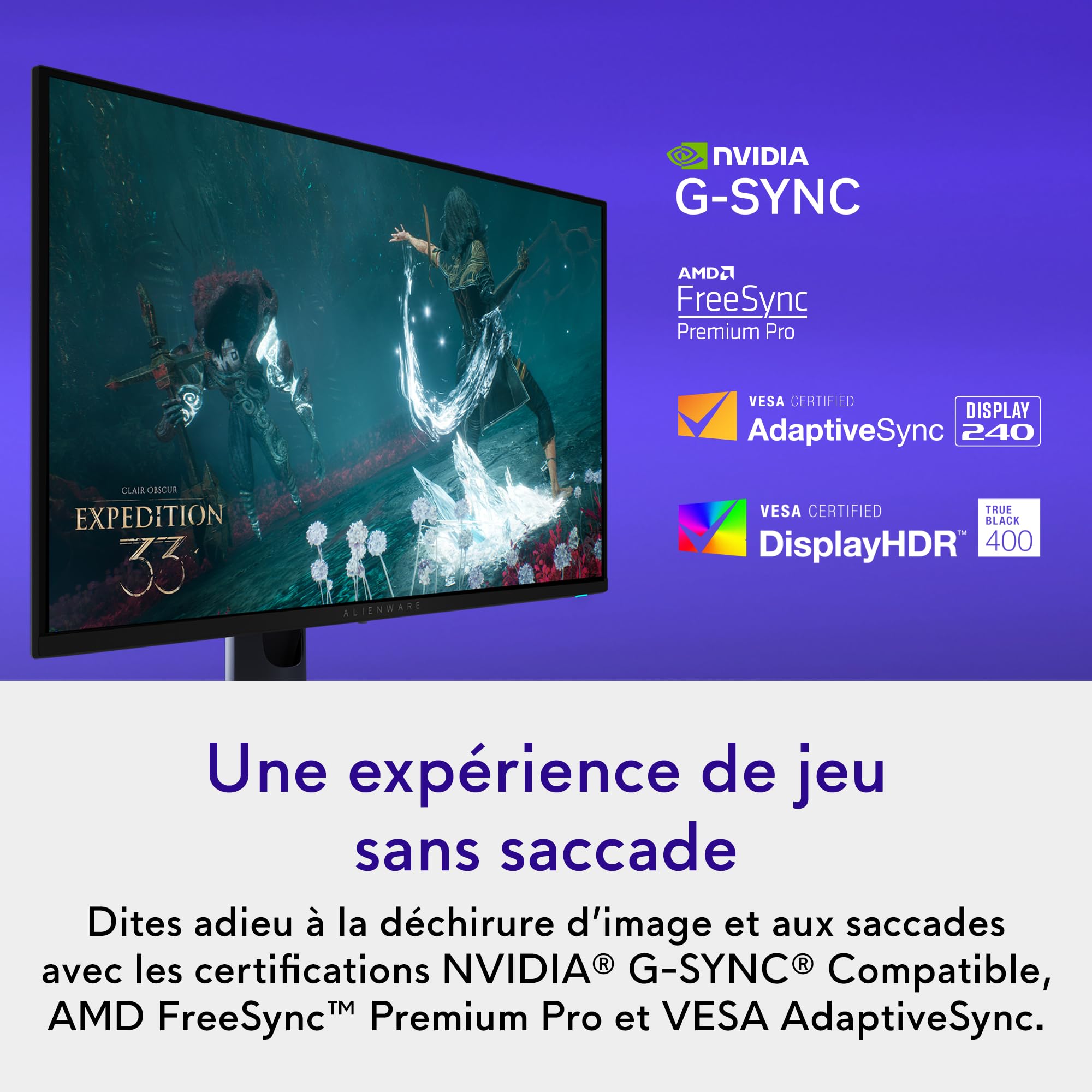 Alienware 27 4K QD-OLED Moniteur Gaming AW2725Q, 240Hz, 0,03ms, G-Sync | 0.03ms, NVIDIA G-SYNC Compatible, AMD FreeSync Premium Pro, HDR True Black 400, Dolby Vision, USB-C, Garantie 3 ans