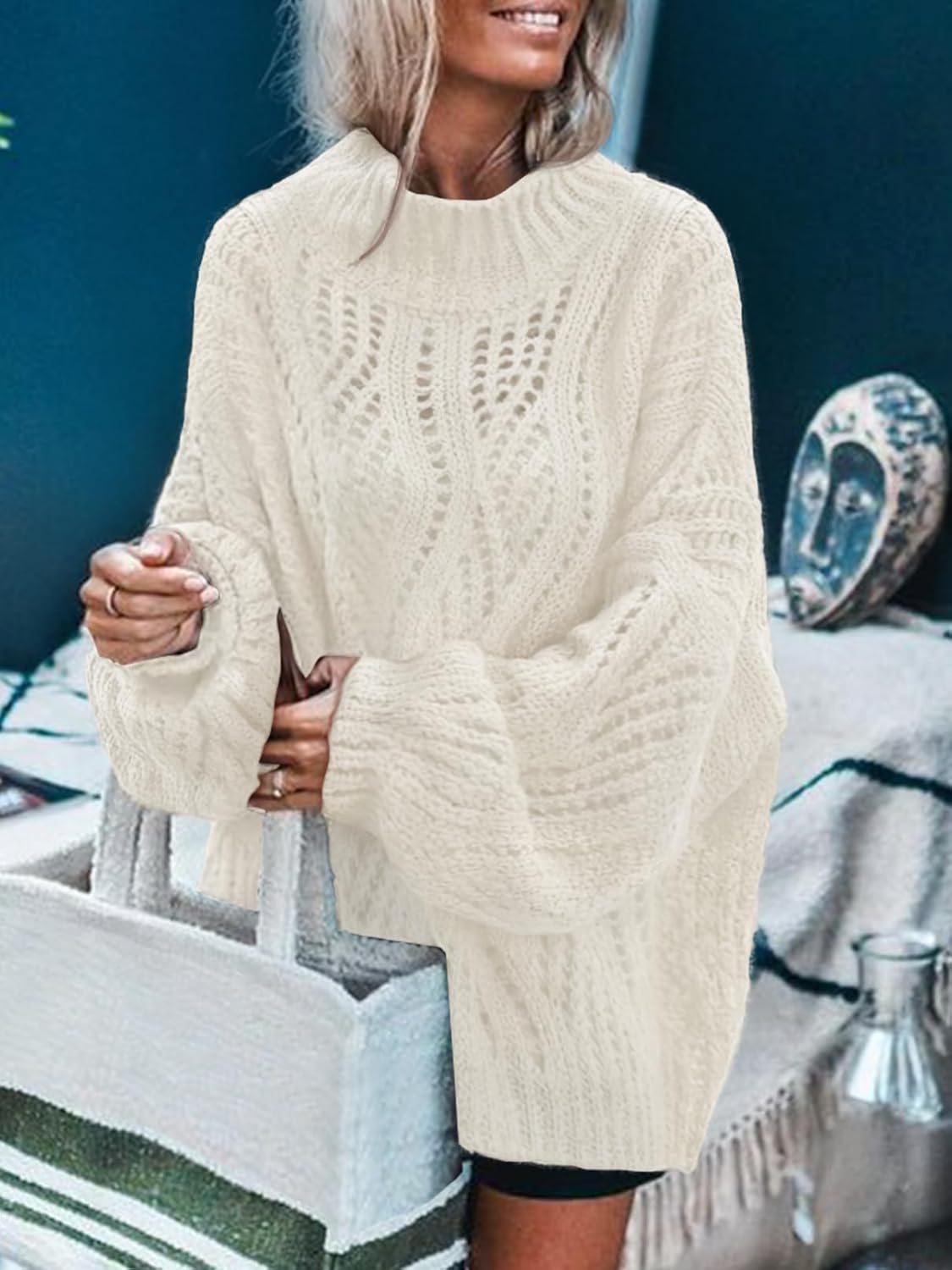 MEROKEETY Fall Sweaters for Women 2025 Oversized Pullover Crochet Lantern Long Sleeve Mock Neck Casual Loose Tops - Image 2