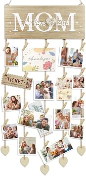 Gift for Mom, Hanging Wooden Picture Frame Photo Holder, Wall Photo Display with Clips, Rustic Home Decor for Living Room Bedroom
