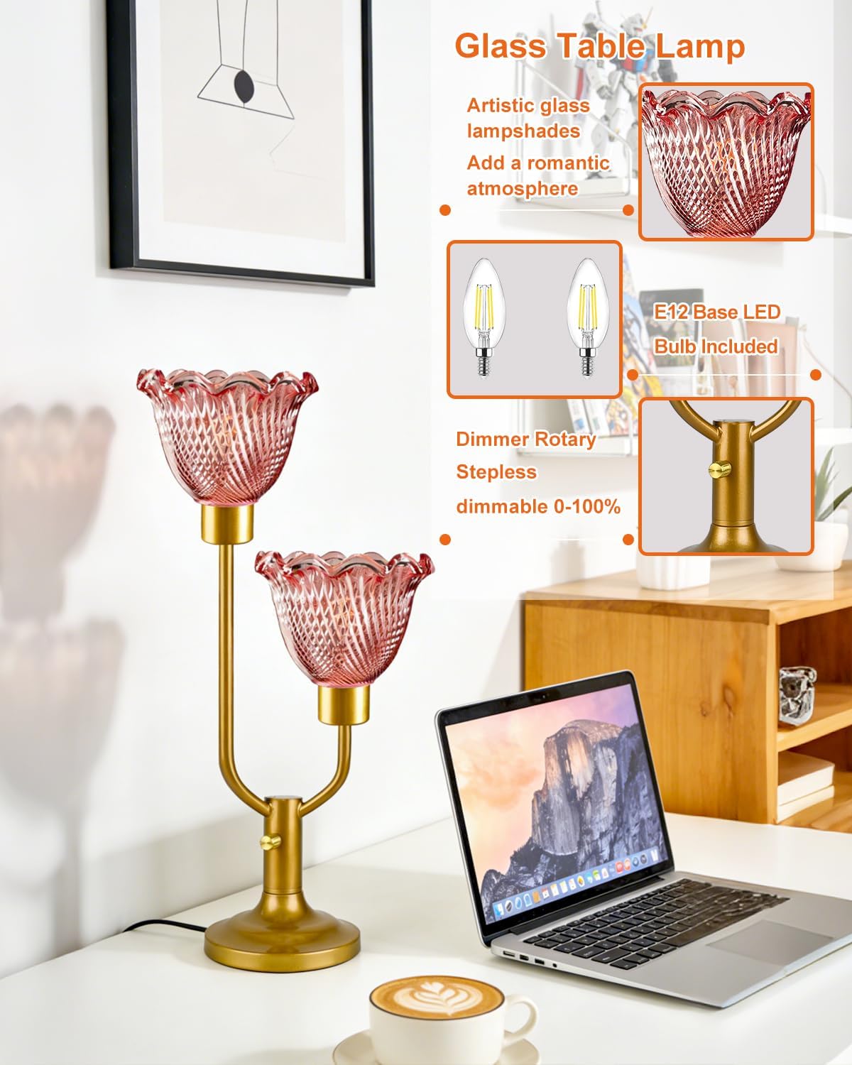 Lightdot Flower Glass Red Table Lamp Dimmable Mid Century Modern Vintage Gold Desk Lamp Nightstand Lamp 2 Bulbs Included Warmwhite Ambient Bedside Lamps for Living Room Bedroom Home Office Decor Gift
