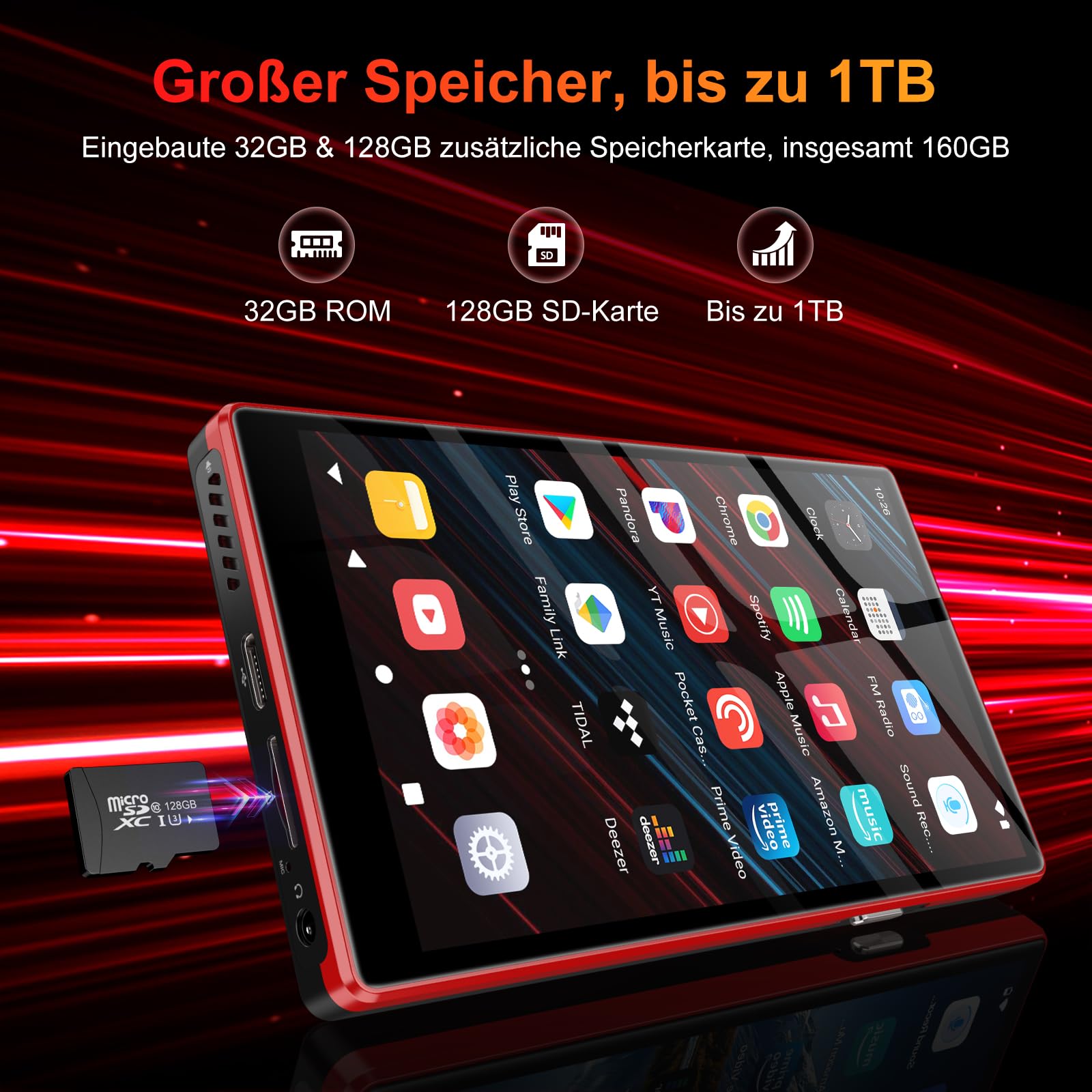 160GB MP3 Player mit Bluetooth und WiFi, Oilsky 5" HD MP4 Player mit Spotify, Audible, Amazon Music, Deezer, Musik-Player Android 13 mit Touchscreen und Lautsprecher