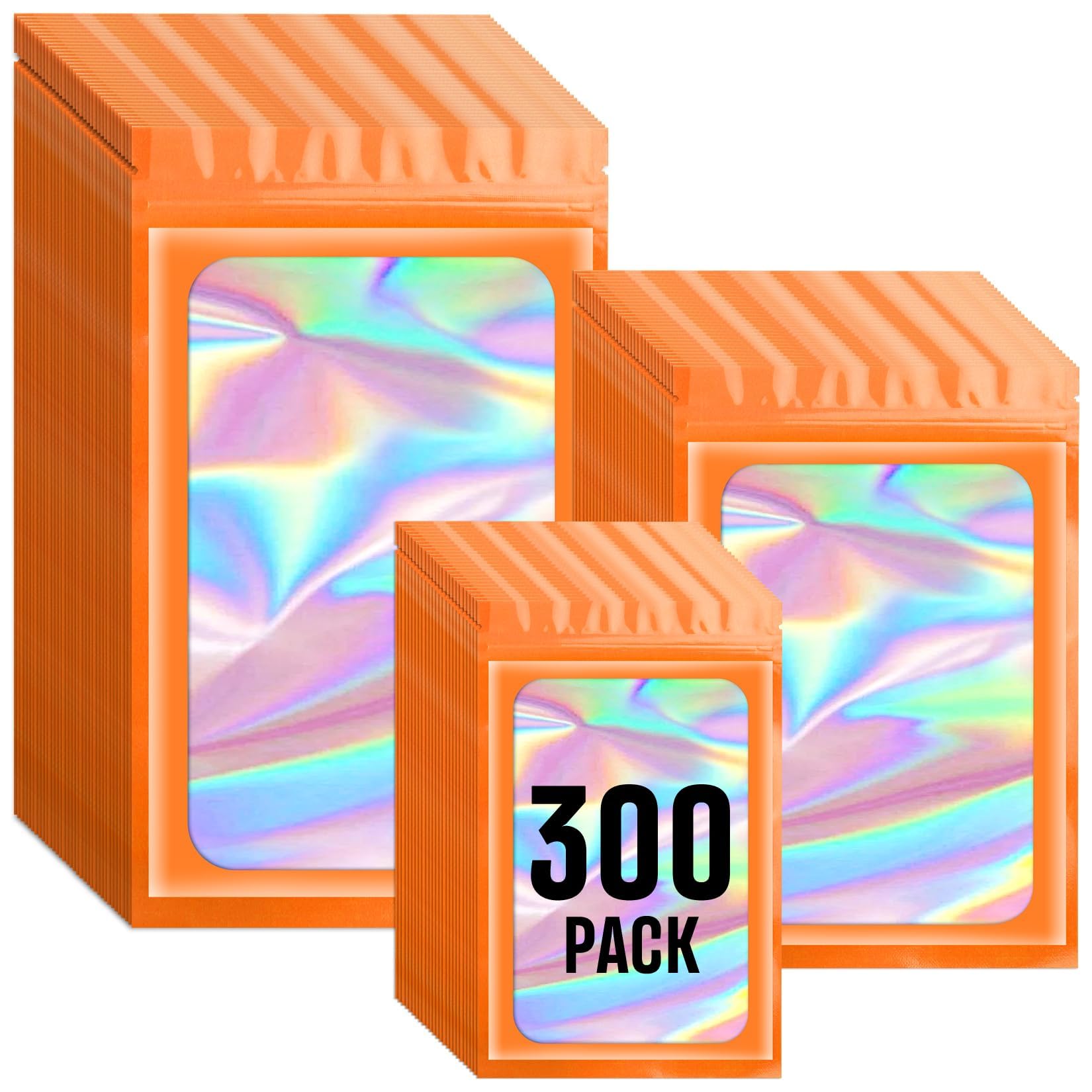 Funfery 300 Pack 3 Size Orange Mylar Holographic Bags with Clear Window