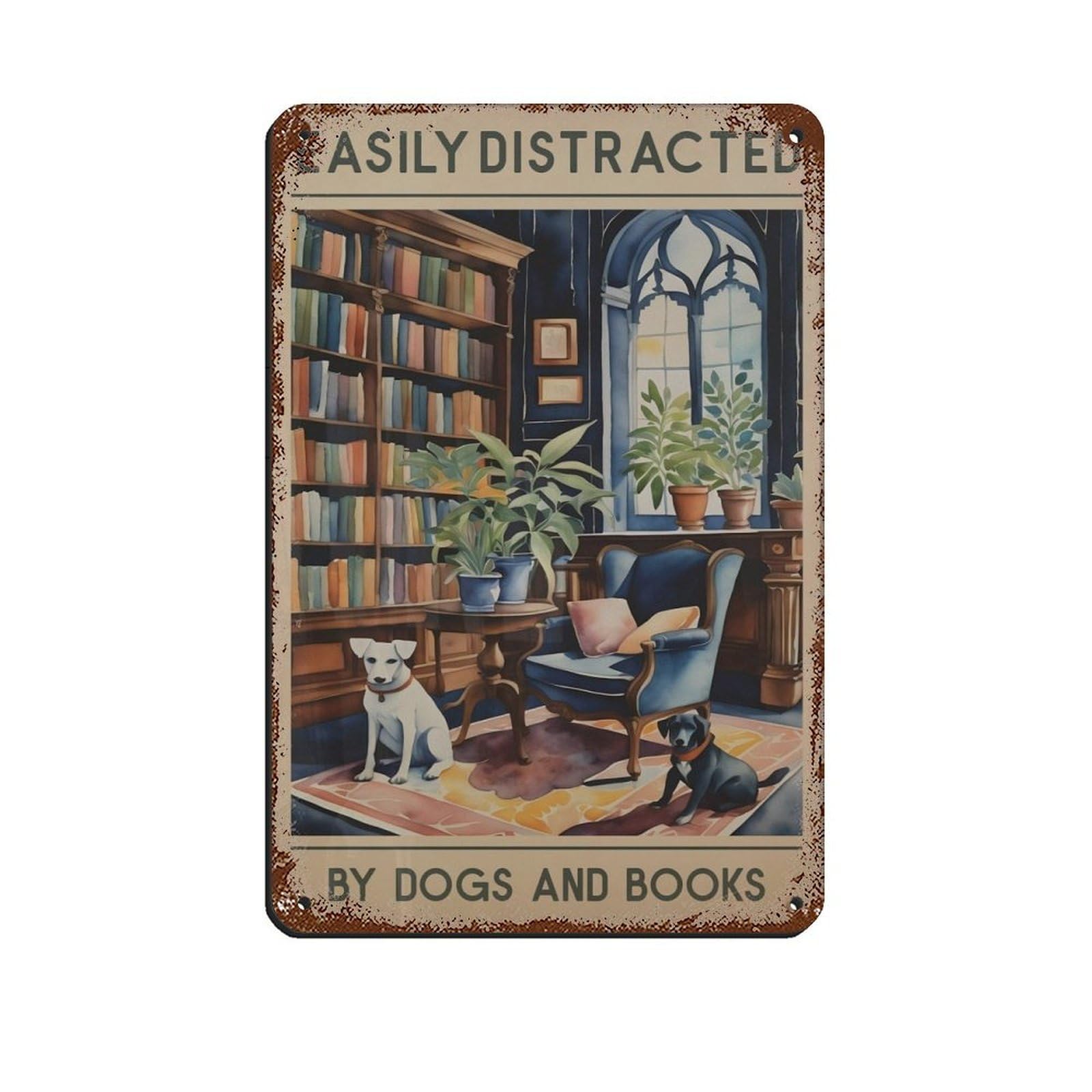 Dog And Books Poster,labradors in A Library Poster Retro Poster Metal Tin Sign Chic Art Retro Iron Painting Bar People Cave Cafe Family Garage Poster Wall Decoration 8x12inch(20x30cm)