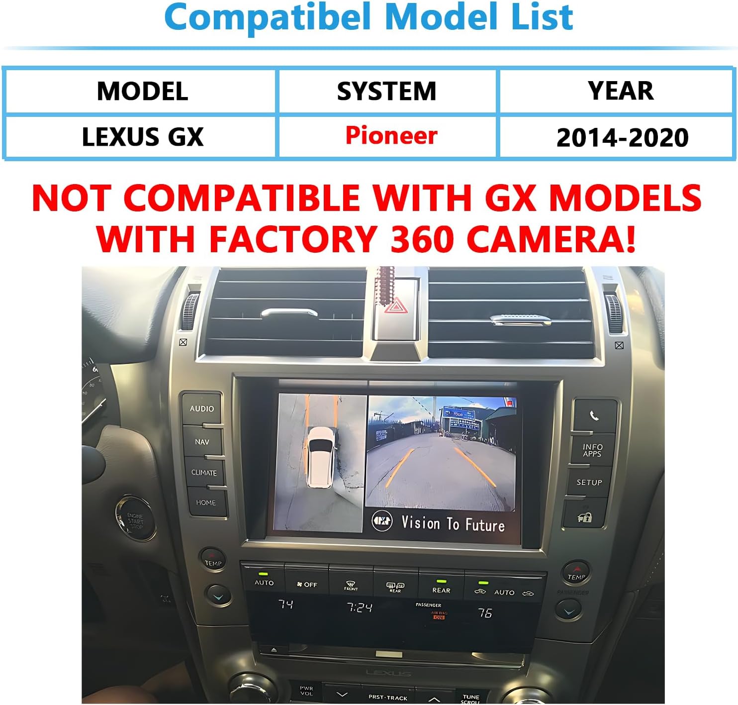 Compatibility list for Lexus GX models and a warning about 360 camera incompatibility