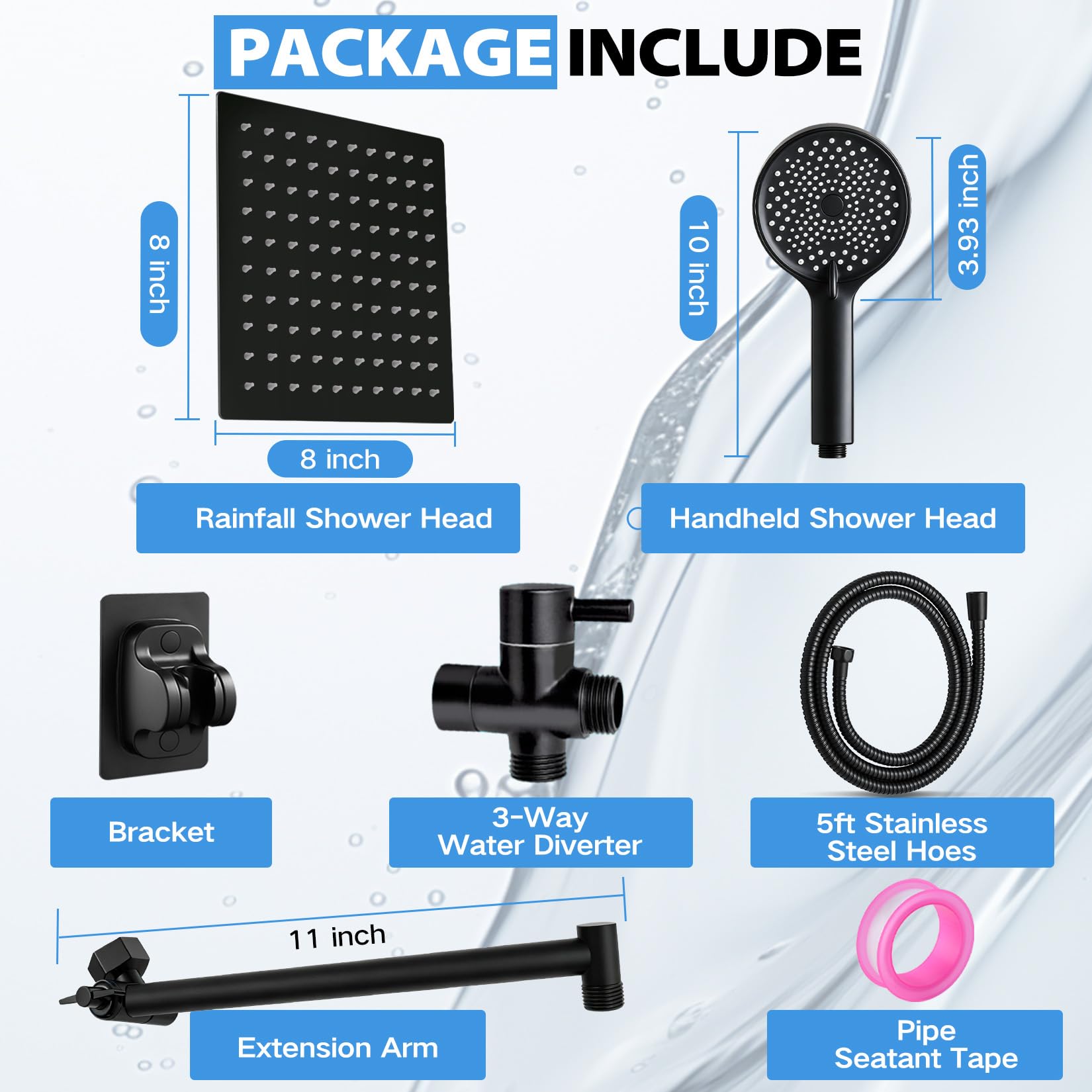 Cabezal de ducha, cabezal de ducha multifunción de alta presión de 8 pulgadas con rociador de mano, brazo de extensión ajustable de ángulo de 11 pulgadas, regulador de flujo/sistema de ducha, negro