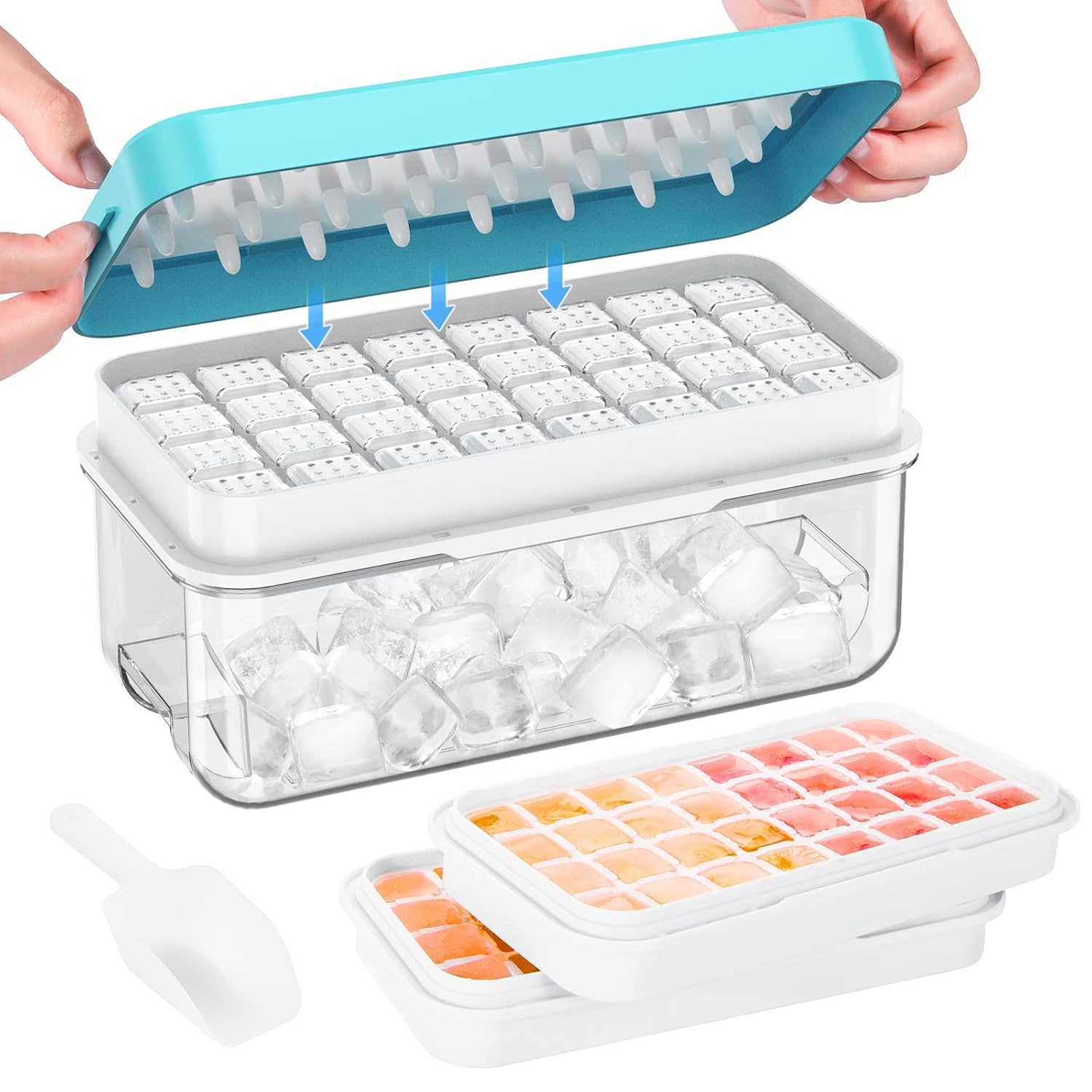 GEUTIERL 2 Layer Ice Cube Tray with Lid and Bin – Easy Release Silicone Ice Tray with Storage Container & Scoop – Stackable Ice Maker for Freezer, Drinks, Cocktails & More