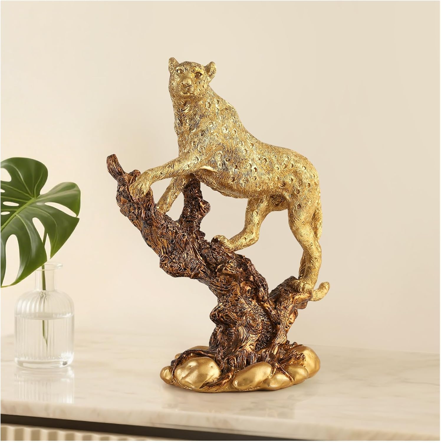 Cheetah Statue for Home Decor, 11" Resin Leopard Sculpture on The Tree, Gold Desktop Decoration for Living Room, Dining Room, Office,Shelves, Tv Stand, Coffee Table or Entry Way