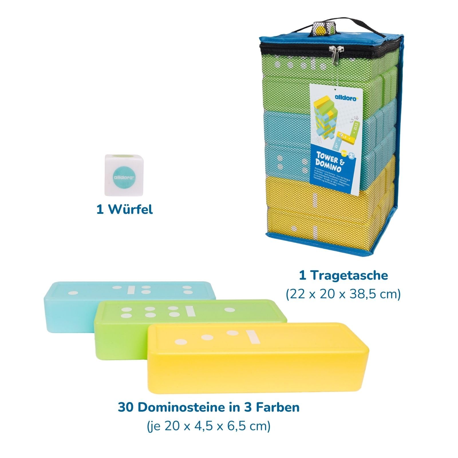 alldoro 60065 XXL Wackelturm & Domino 2 in 1, Geschicklichkeitsspiel im Jumbo-Format, 30 bunte Bausteine, inkl. Farbwürfel & Tasche, indoor & outdoor