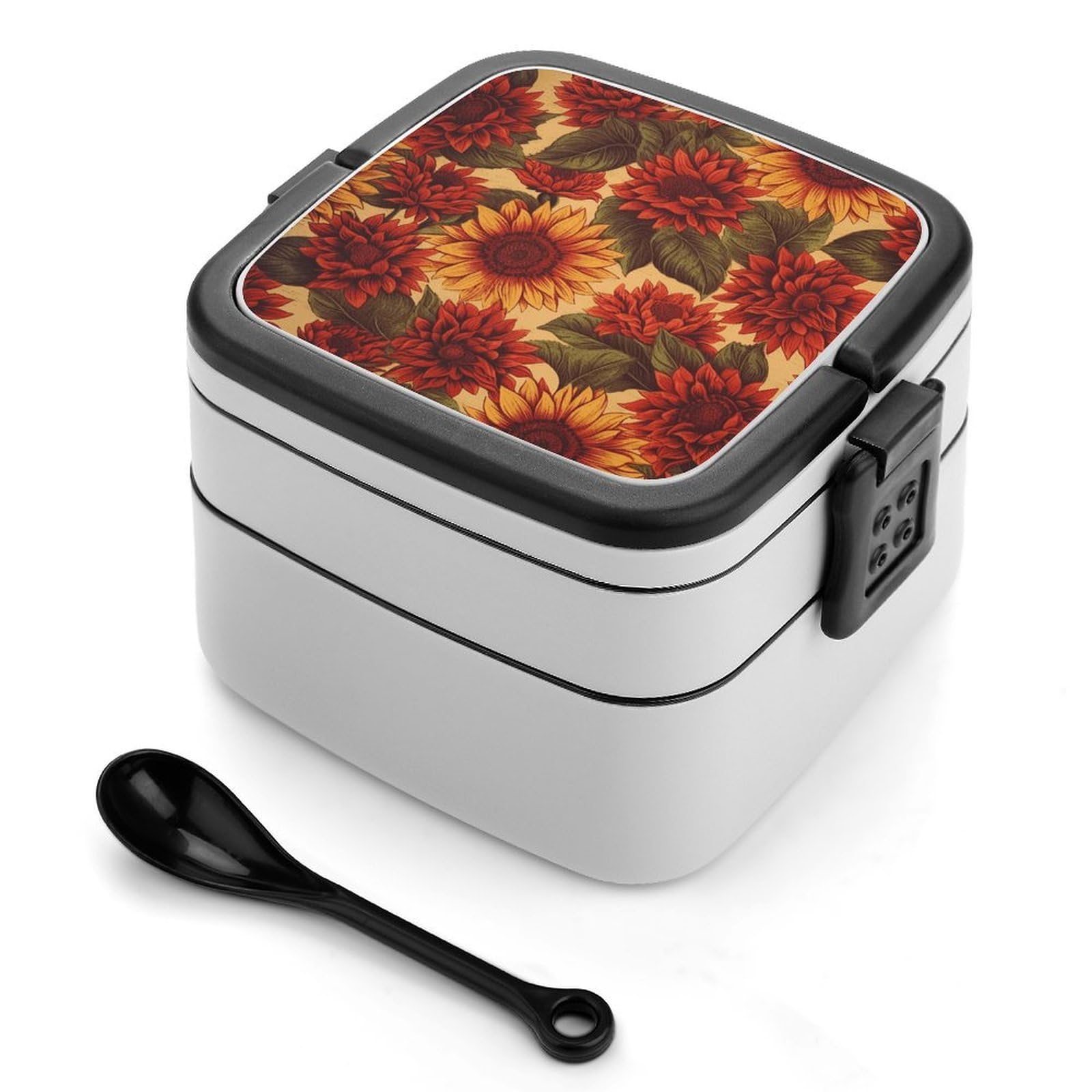 VstaDank Red Sunflower Bento Box with Compartments Portable Lunch Containers with Spoon Leak Proof Bento Lunch Box Snap-On Design Double-Layer Insulated Lunch Boxes for Work Camping