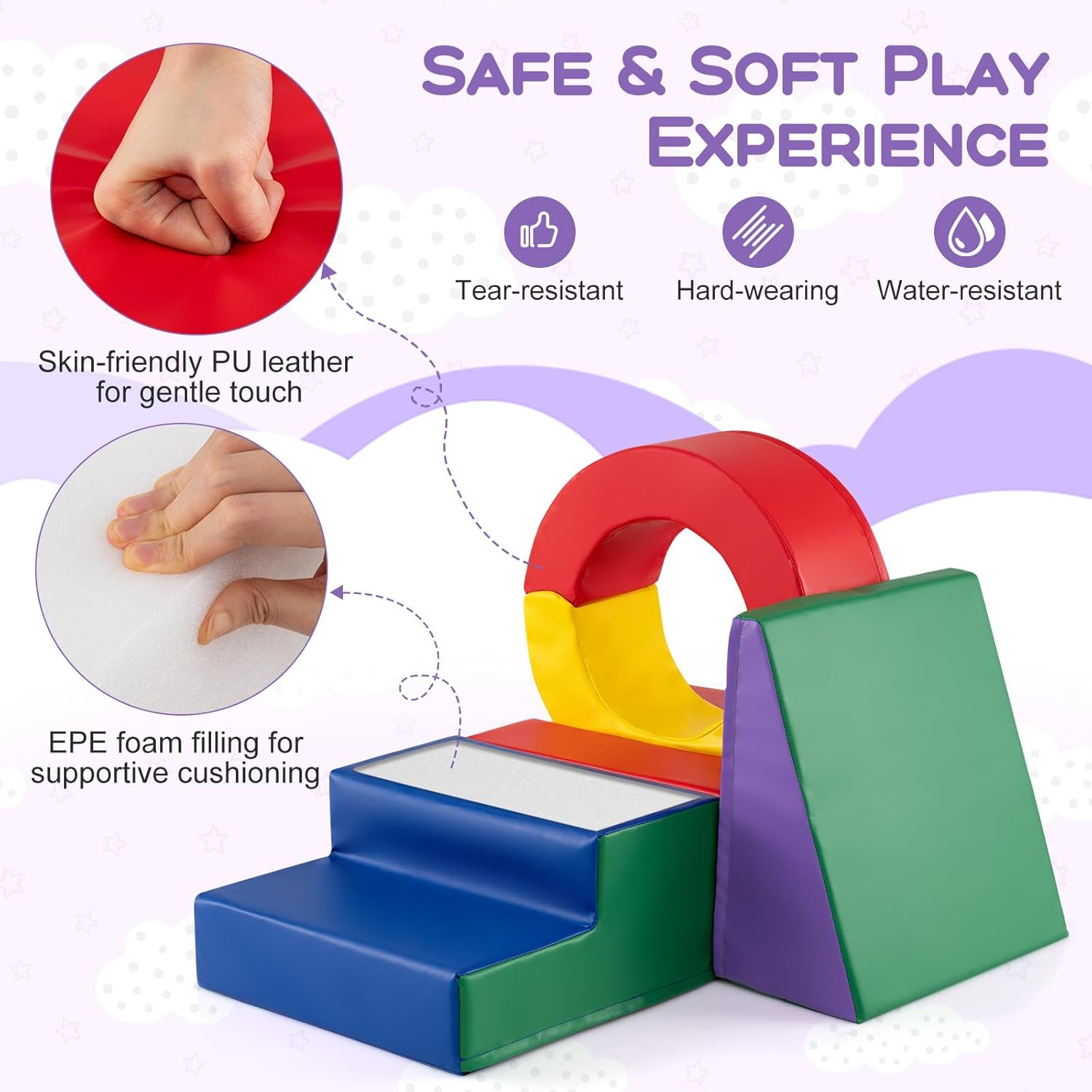 Costzon 5 Pieces Toddler Climbing Toys, Soft Play Climb & Crawl Playset for 12 Month+ Kids, Modular Indoor Gym with PU Leather Cover, Tunnel, Slide for Playroom, Nursery, Daycare (5, Rainbow)