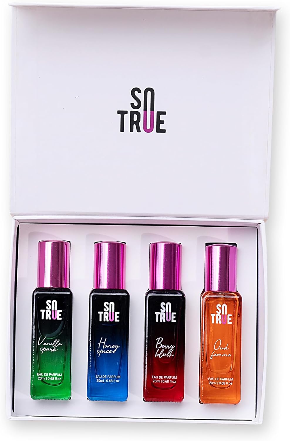 Parfum voor vrouwen cadeauset, 4 x 20 ml, Eau De Parfum | Premium Luxury Long Lasting Geurspray | Berry Blush, Honey Spice, Oud Femme & Vanilla Spark (4×20 ML)