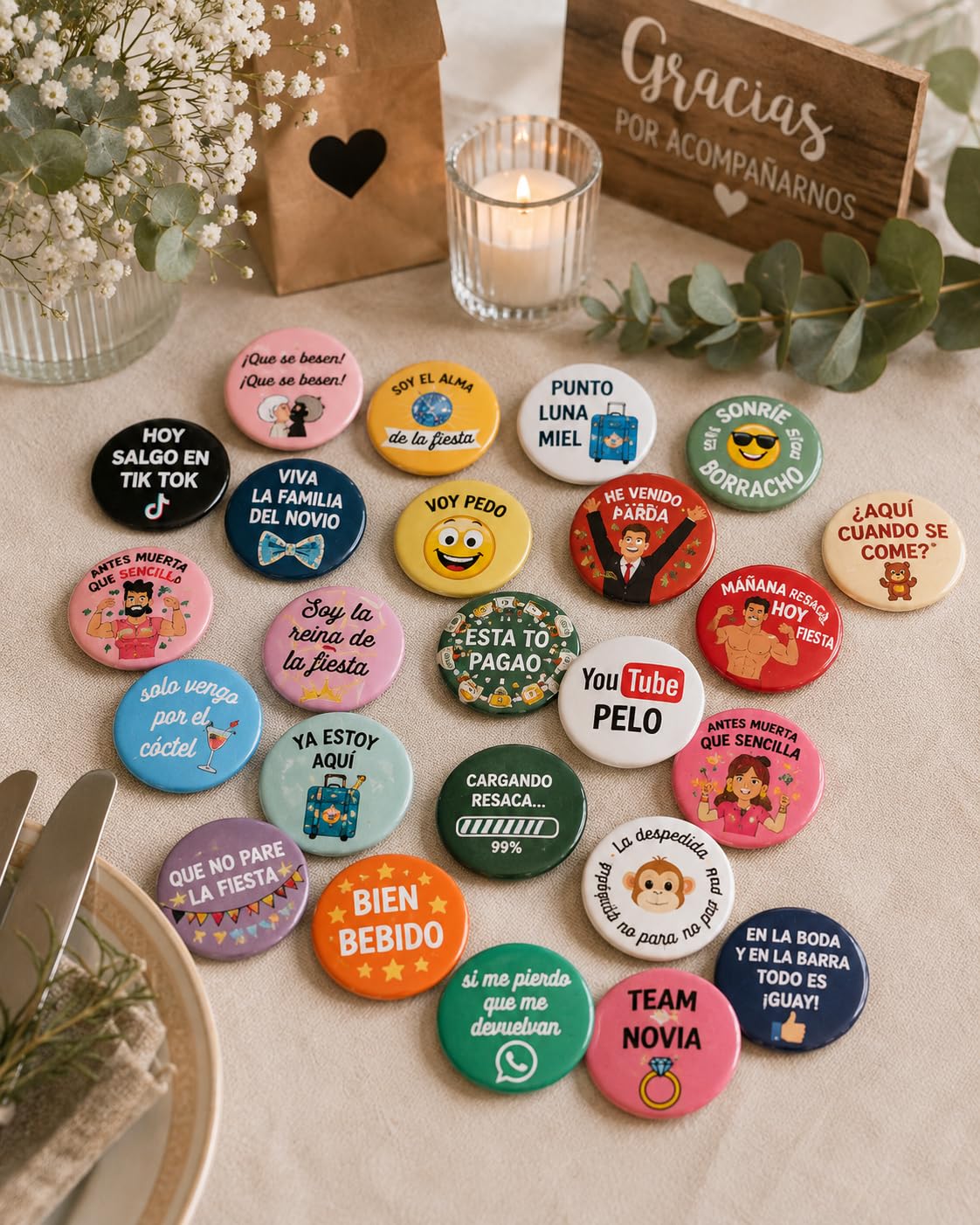 Soul Pack 50 Chapas Divertidas para Boda | Chapas con Frases Originales para Invitados | Detalle para Bodas, Photocall, Despedidas y Fiesta | 59 mm