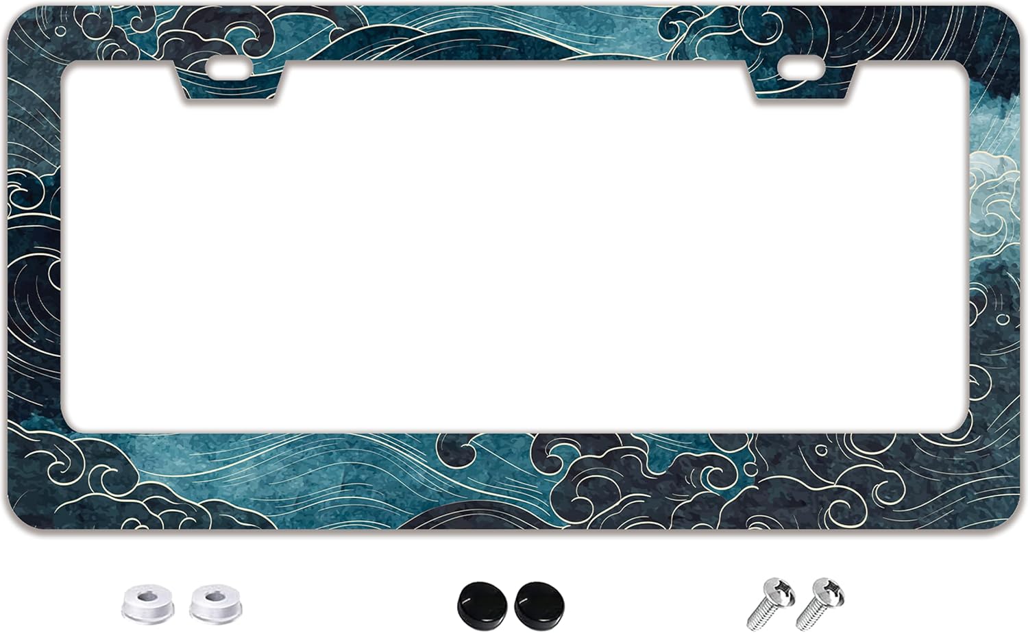 Japanese Ocean Wave License Plate Frame - 2 Holes Stainless Steel Metal Auto Car Accessories Decoration License Plate Frame Size 6.3" x 12.2" Fit US Vehicles for Women Men Gift