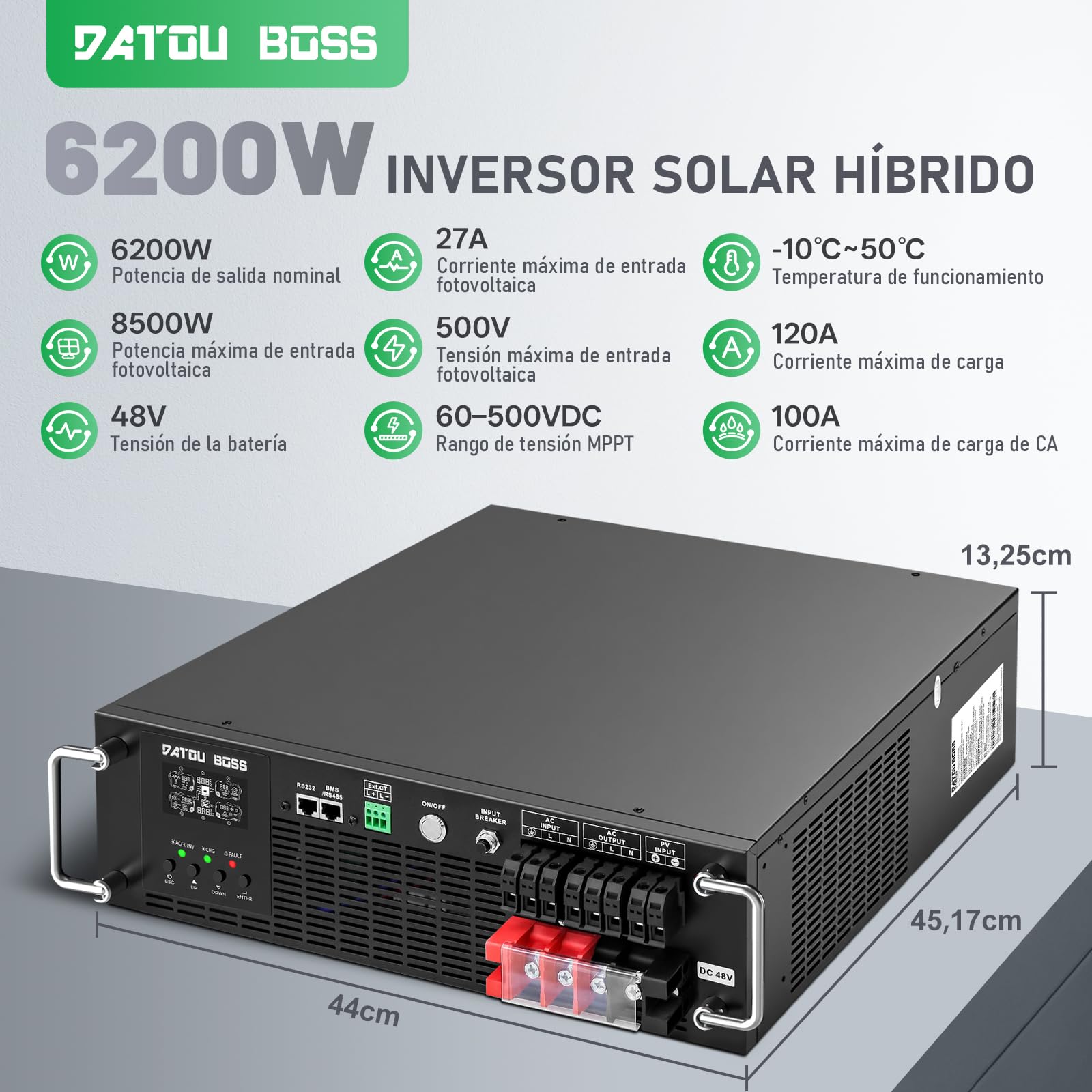 DATOUBOSS Inversor Solar Híbrido 6200W 48V Rack 3U, Onda Sinusoidal Pura 230V, Controlador MPPT 120A, Entrada Fotovoltaica 8500W, Función UPS, Compatible con Baterías LiFePO4 48V, Pantalla LCD