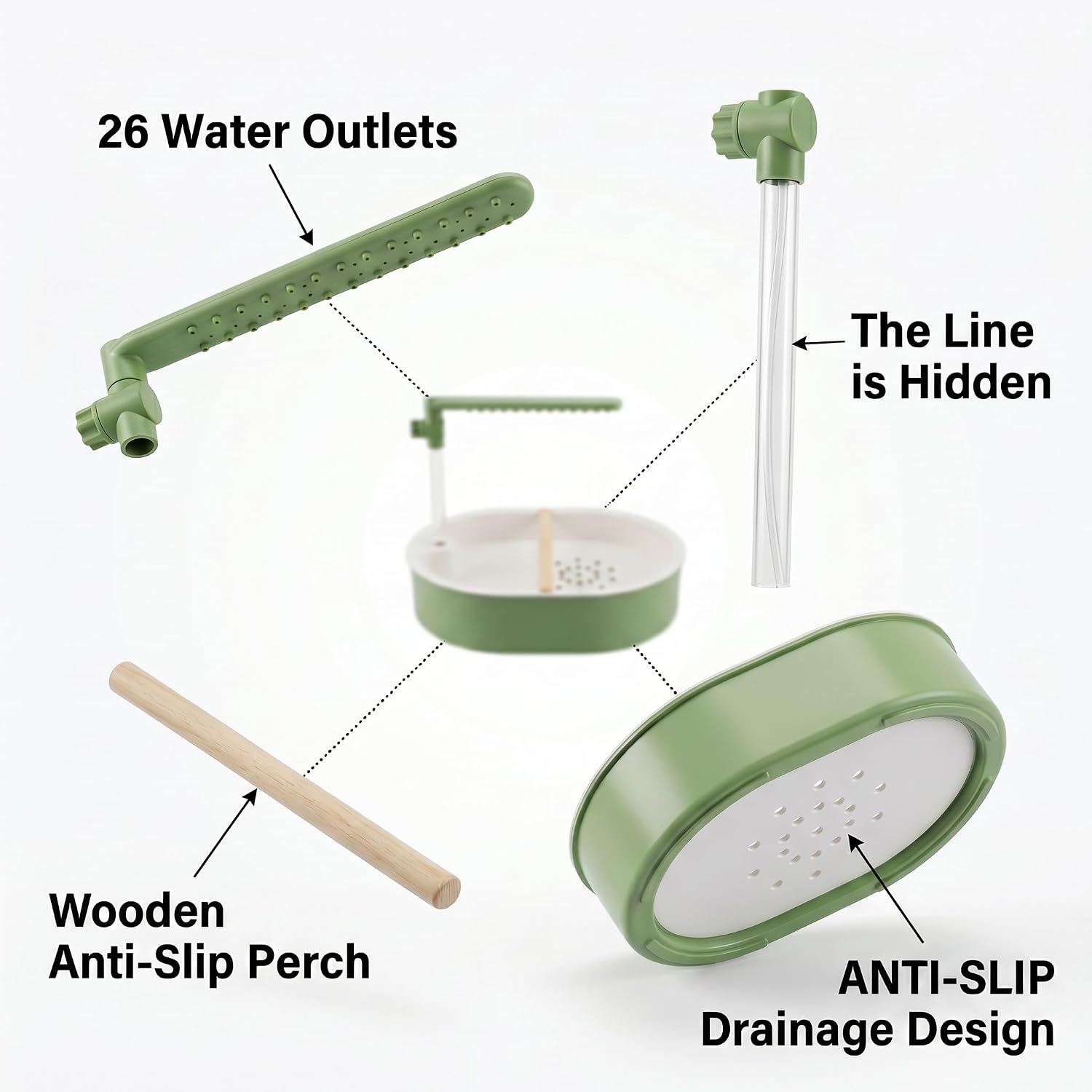 Indoor Bird Bath Fountain, Dual Rainfall Parrot Shower with Anti-Clog Pump & Filter Sponge, Adjustable Water Flow, Natural Beech Wood Perch, Bird Shower Spa for Parakeet, Cockatiel, Lovebird