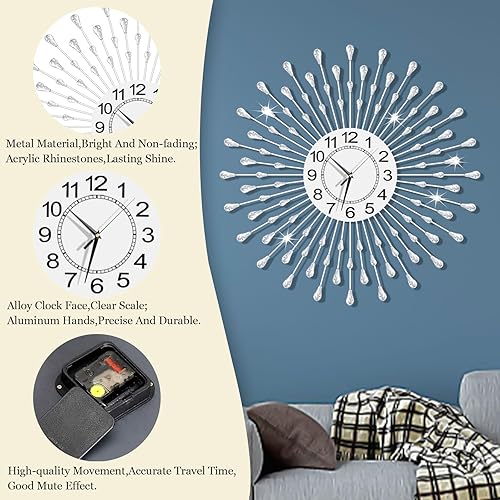 Miniatura 6 de Reloj de pared grande decorativo de metal, silencioso, sin tictac, arte moderno y brillante con explosión de estrellas, relojes de pared grandes