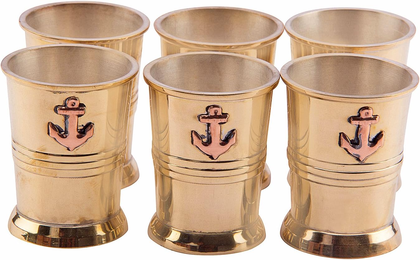 Aakrati Devyom Royal Brass Anchor Tequila Shot Glass 1 Oz (30ML) Peg Measurer, Set of 6