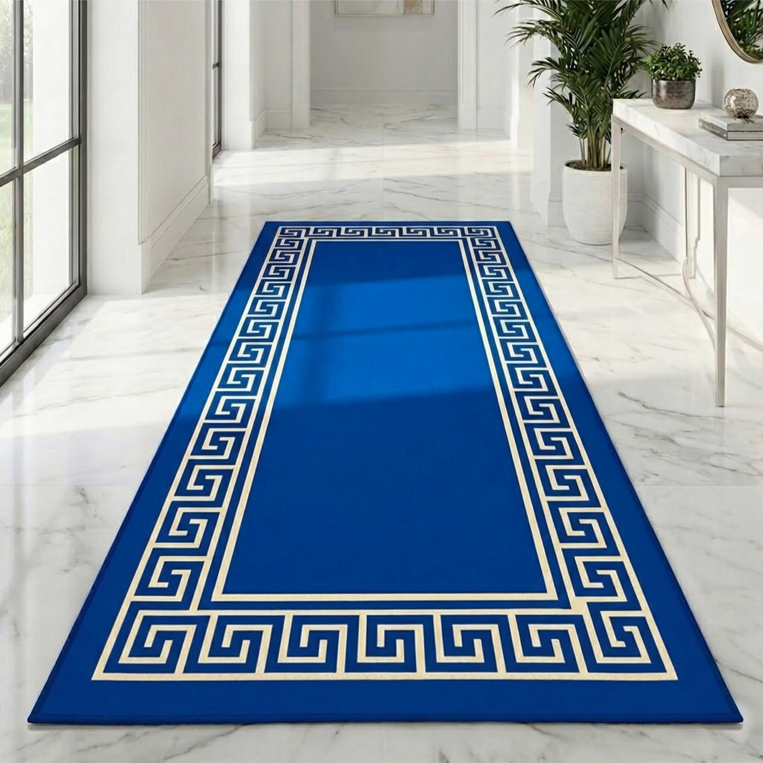 B&B Non-Slip Washable Large Entrance Door mat | 66 x 120 cm Outdoor and Indoor Dog Muddy Paws Floor Protector, Hallway, Bath and Kitchen Anti-Slip Mats - Greeky Rug - Blue & Cream