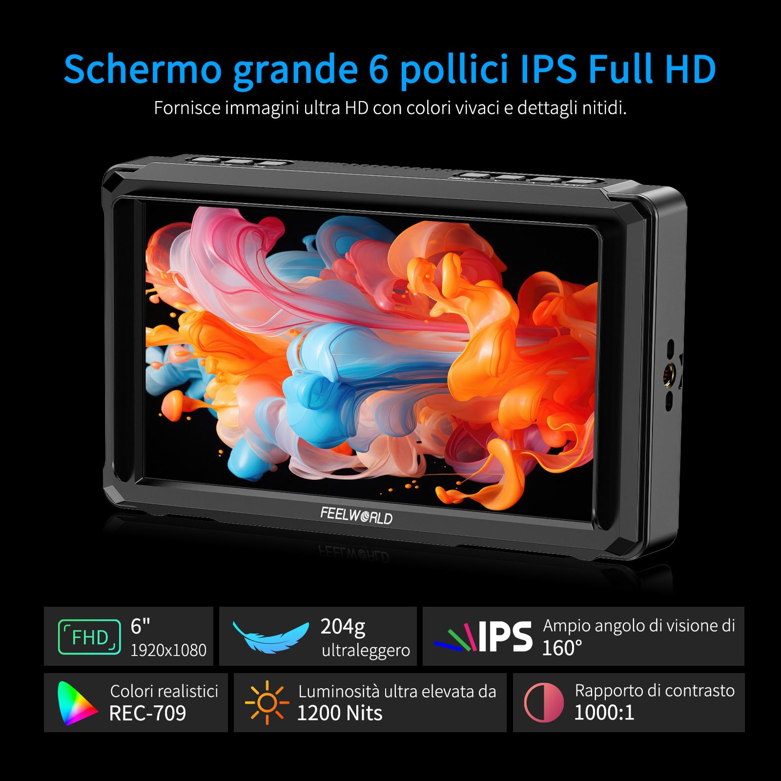 FEELWORLD FW568PRO 6 Pollici Monitor da Campo,1200nit DSLR Monitor Fotocamera con batteria F750 e borsa per il trasporto 4K HDMI, 3D Lut Focus Peaking Assist Full Waveform Video Field Monitor